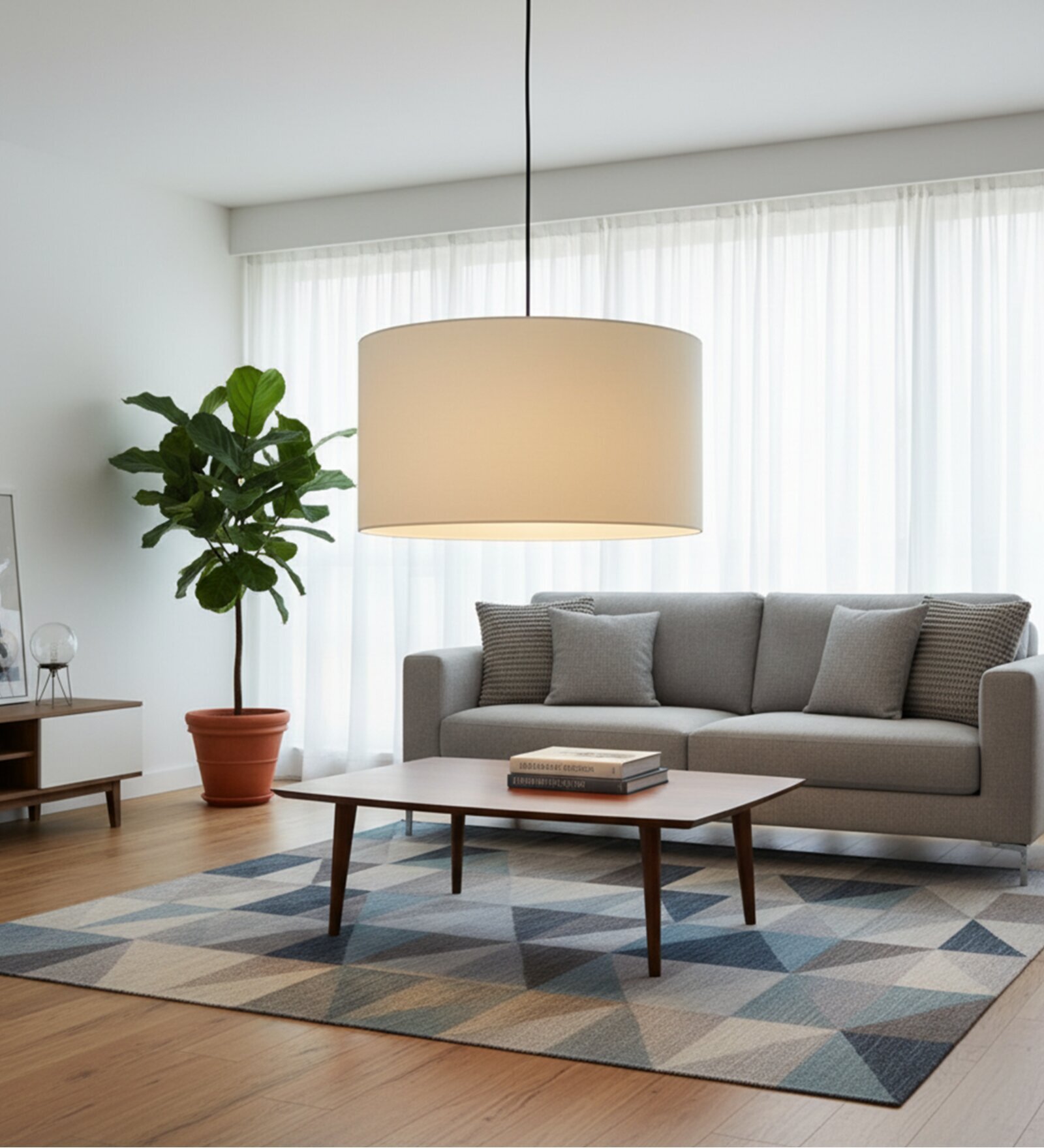 20-Inch Cream Fabric Drum Pendant Light, Modern Hanging Ceiling Lamp