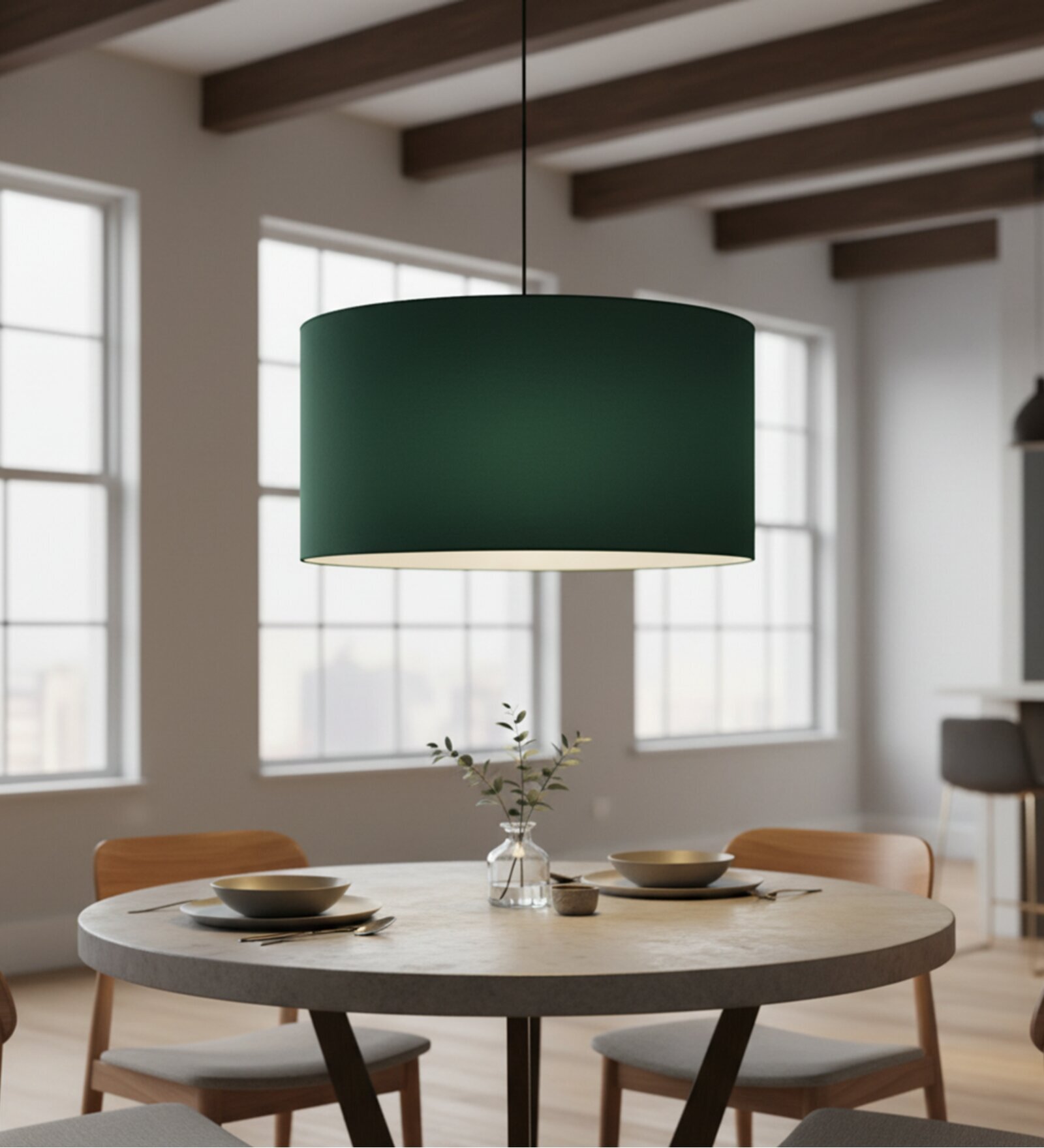 20-Inch Dark Green Fabric Drum Pendant Light, Modern Hanging Ceiling Lamp