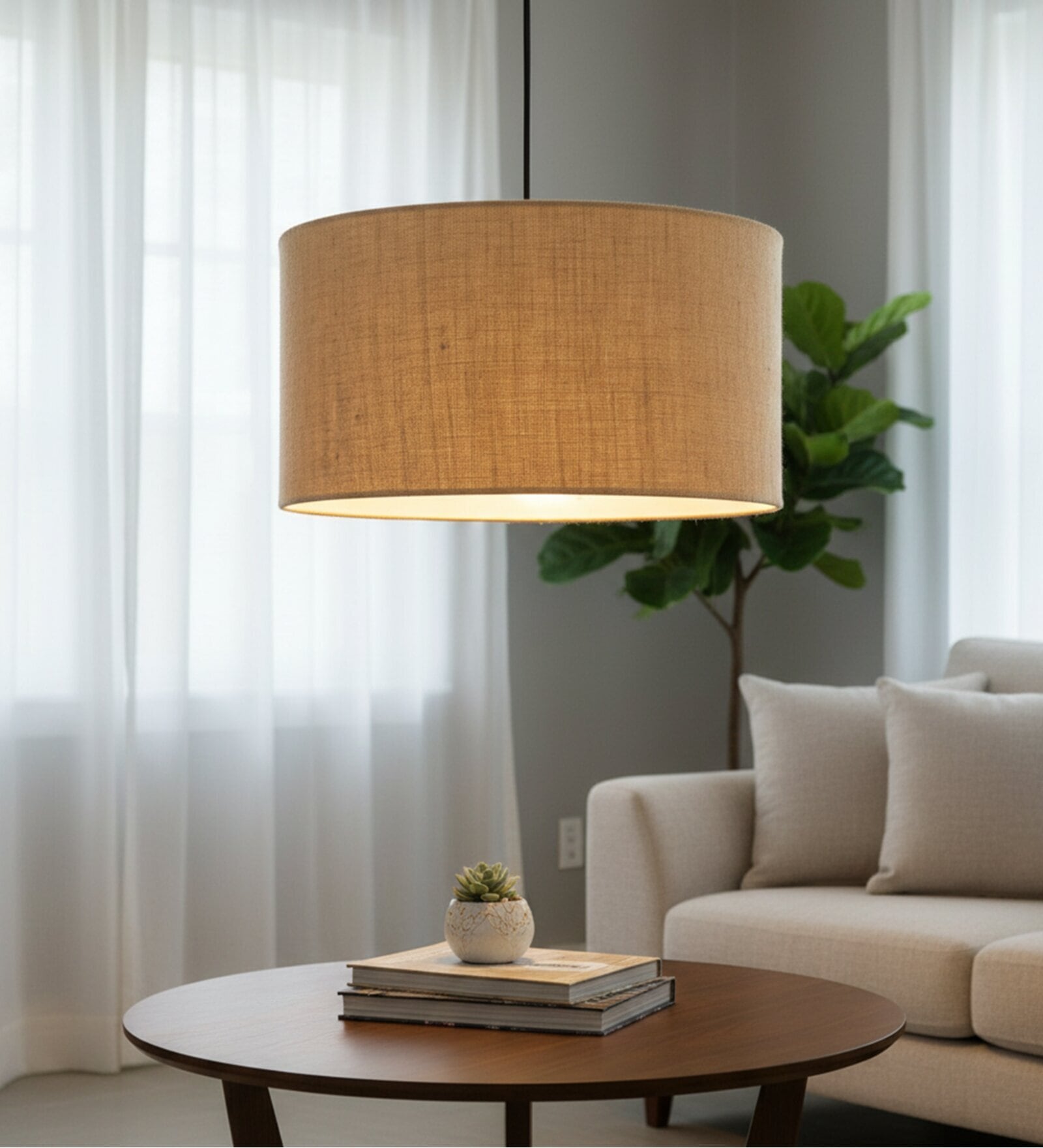 20-Inch Natural Jute Fabric Drum Pendant Light