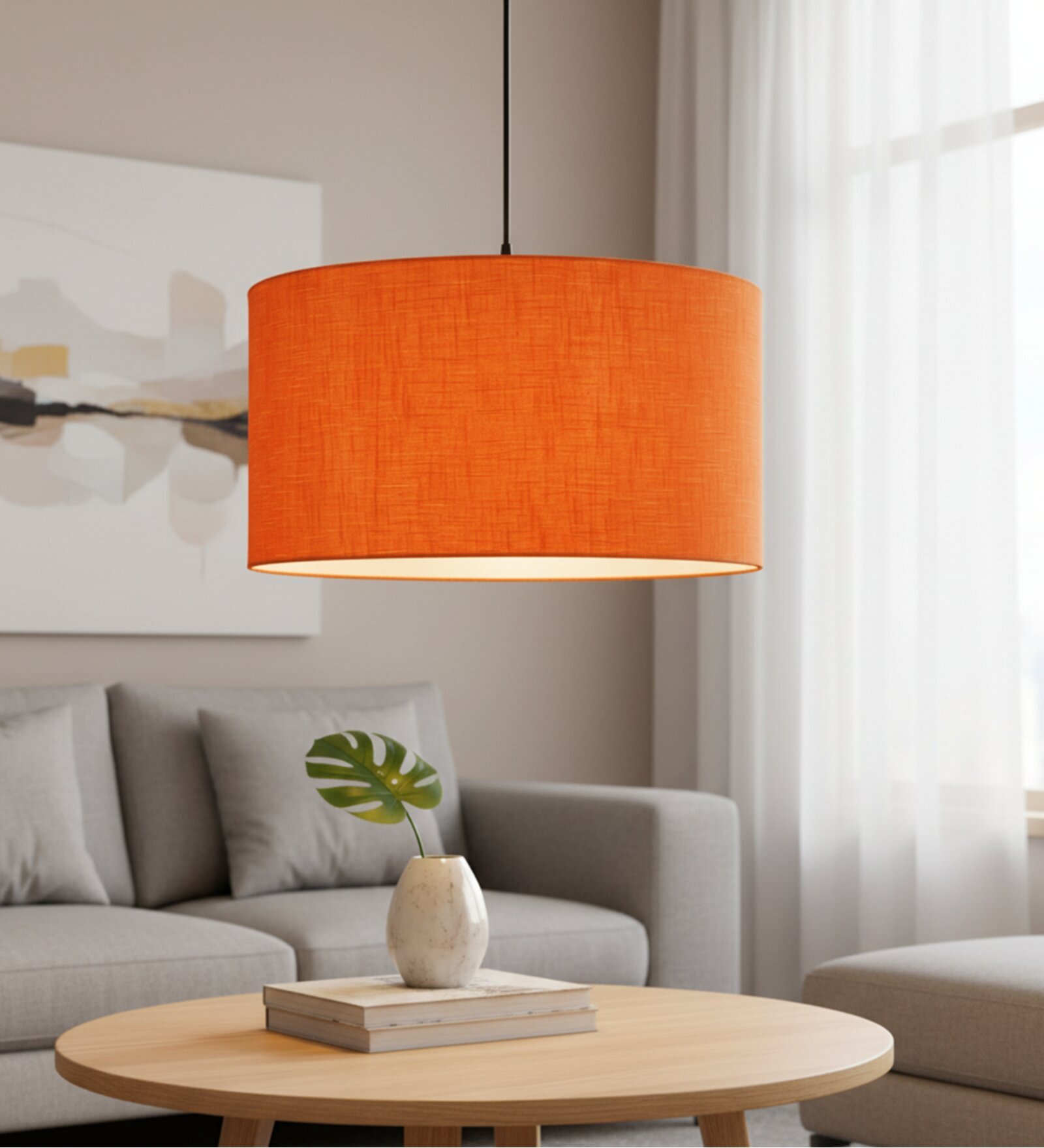 20-Inch Orange Texture Fabric Drum Pendant Light, Modern Hanging Ceiling Lamp