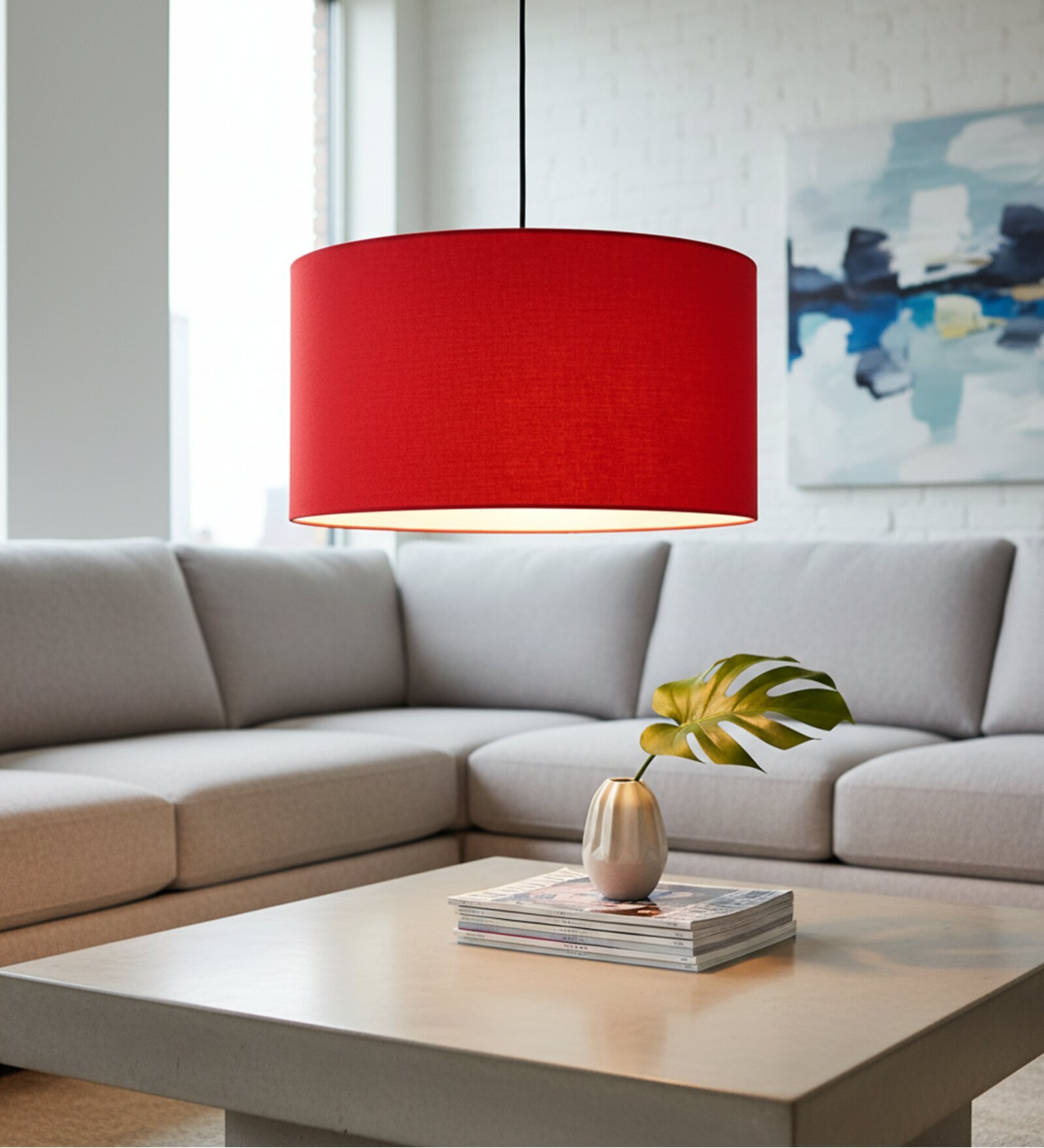 20-Inch Red Fabric Drum Pendant Light, Modern Hanging Ceiling Lamp