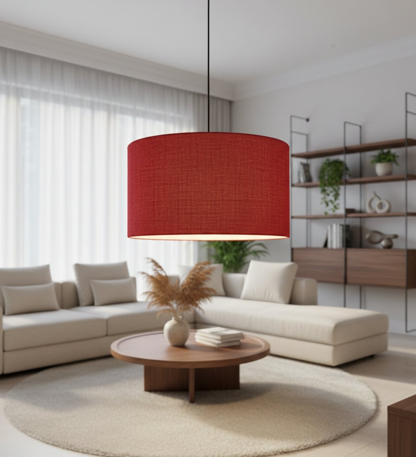 20-Inch Red Jute Fabric Drum Pendant Light