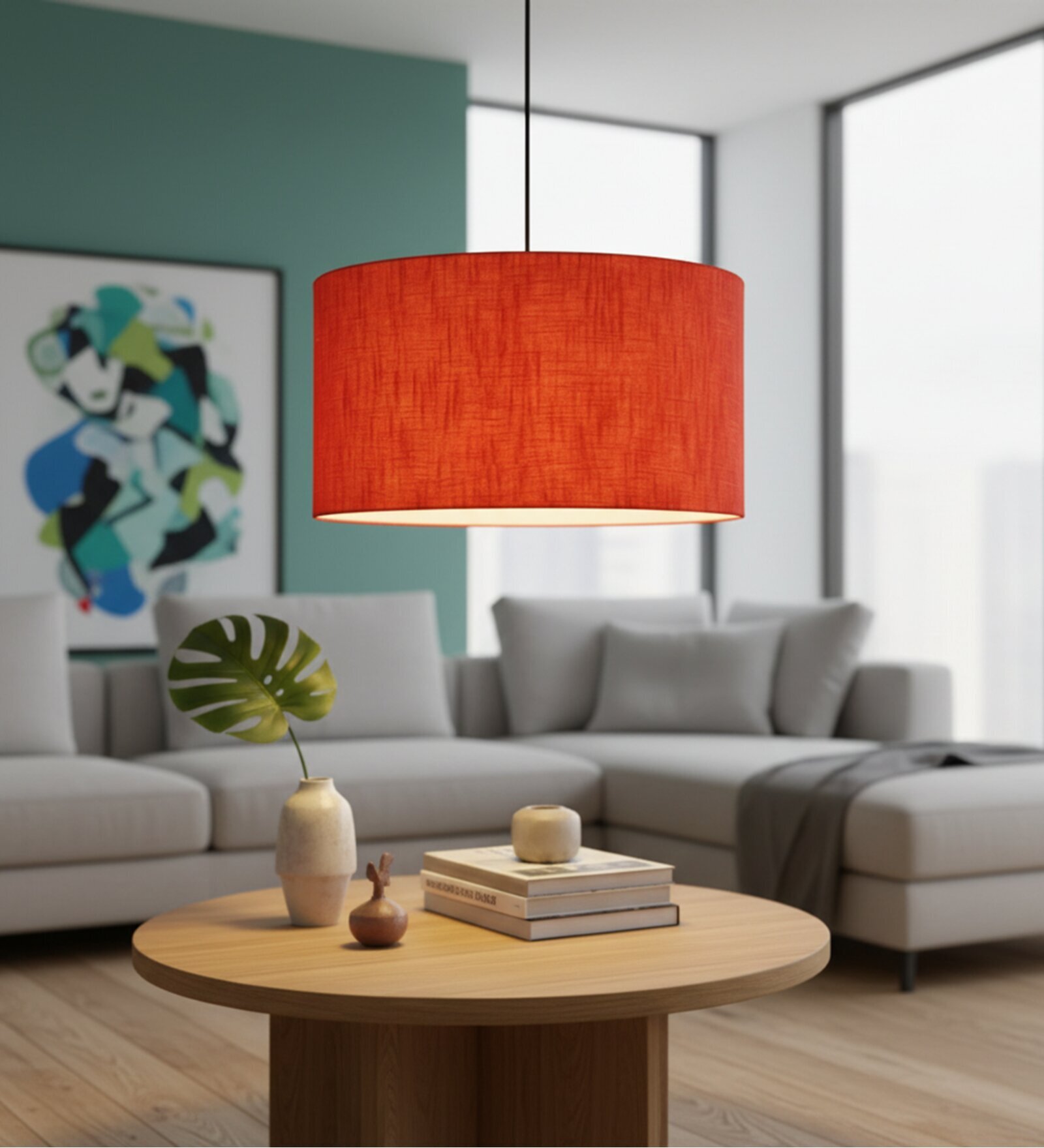 20-Inch Red Texture Fabric Drum Pendant Light, Modern Hanging Ceiling Lamp