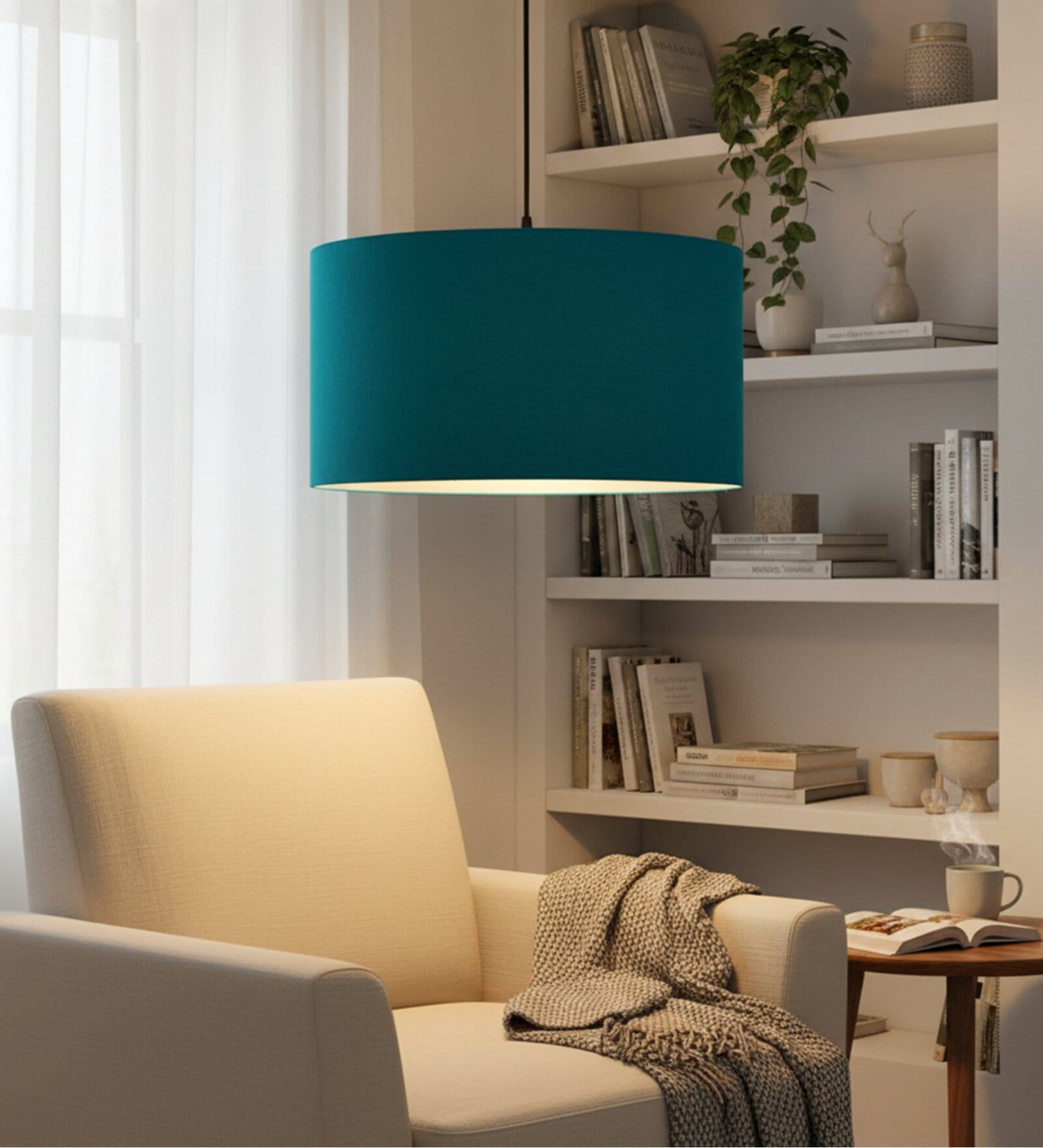 20-Inch Teal Fabric Drum Pendant Light