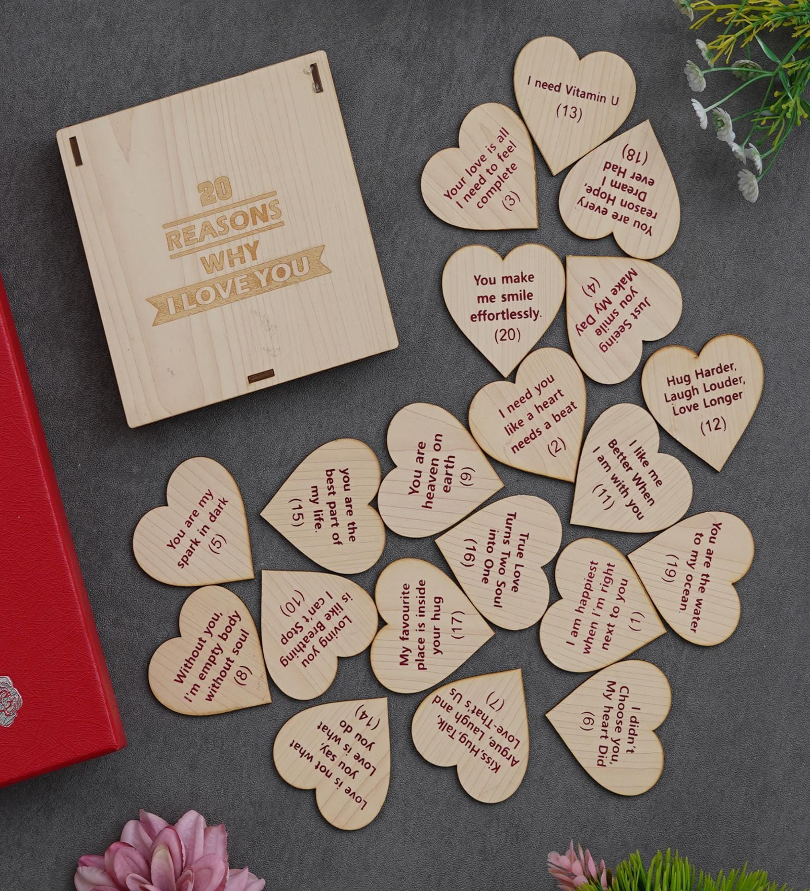 20 Reasons Why I Love You Printed on Little Hearts Brown Engineered Wood Gift Set