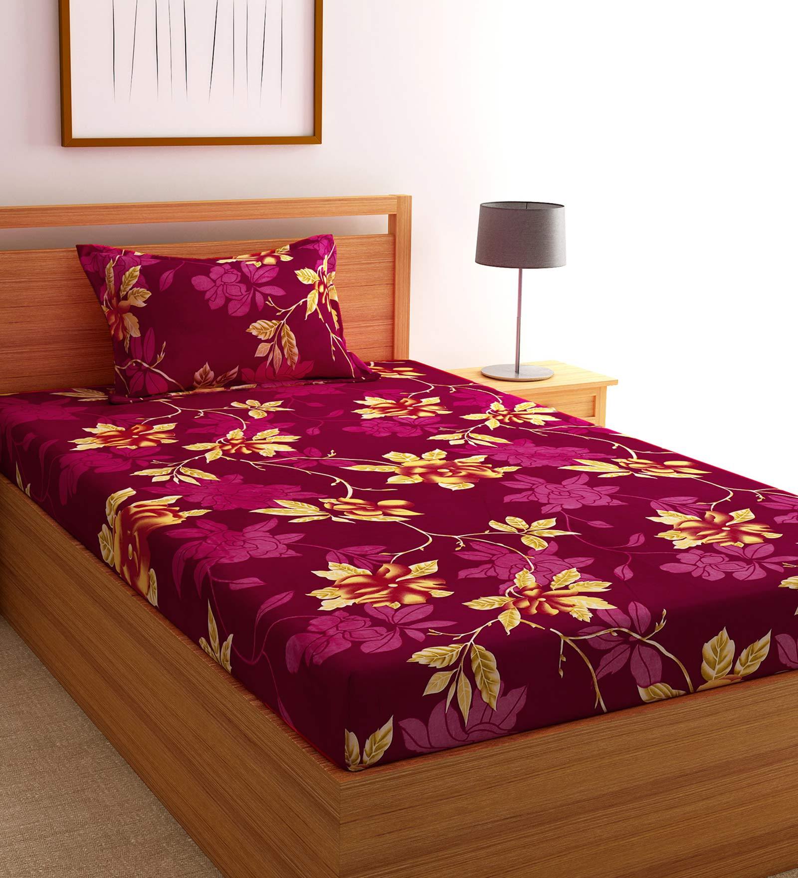 Purple  Floral 200 TC Poly Cotton 1 Single Bedhseet with 1 Pillow Cover