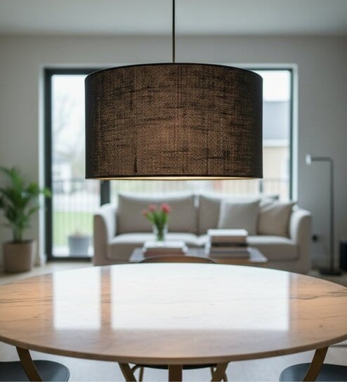 20-Inch Black Jute Fabric Drum Pendant Light, Modern Hanging Ceiling Lamp