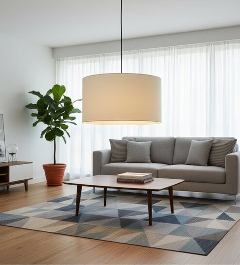 20-Inch Cream Fabric Drum Pendant Light, Modern Hanging Ceiling Lamp