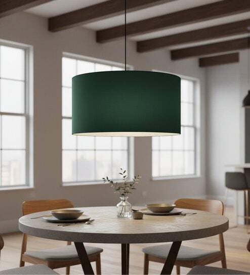 20-Inch Dark Green Fabric Drum Pendant Light, Modern Hanging Ceiling Lamp