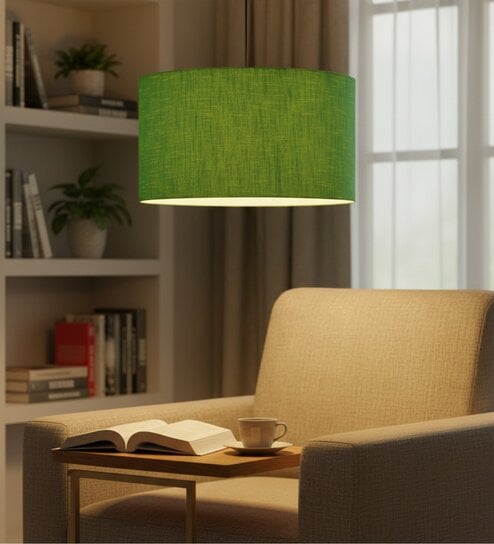 20-Inch Green Texture Fabric Drum Pendant Light, Modern Hanging Ceiling Lamp