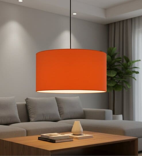 20-Inch Orange Fabric Drum Pendant Light, Modern Hanging Ceiling Lamp