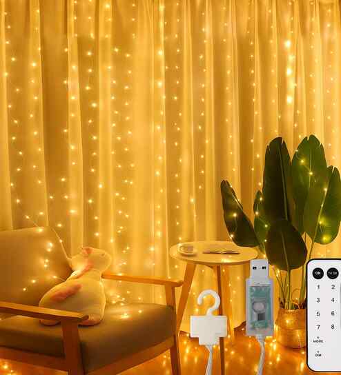 200 LEDs Warm White 2 Mtrs 8 Mode Copper Curtain Fairy String Light