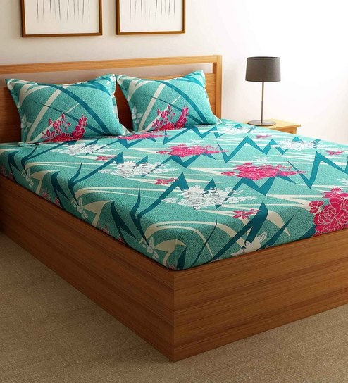 Blue Floral 200 TC Poly Cotton Queen Sized Bed Sheets with 2 Pillow Covers