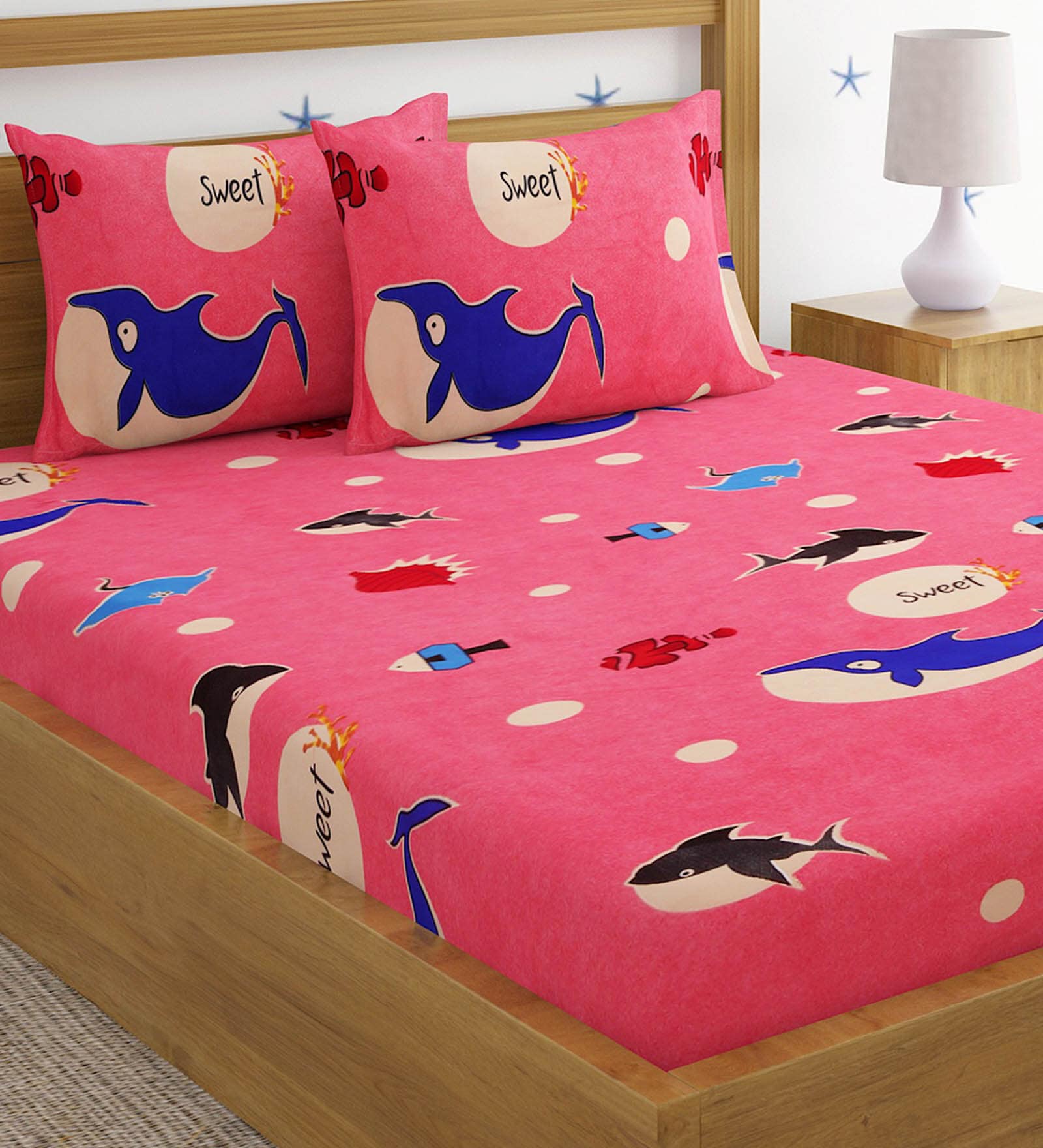 220 Gsm Glaced Cotton Cartoon Printed Double Bed Sheet With 2 Pillow Covers