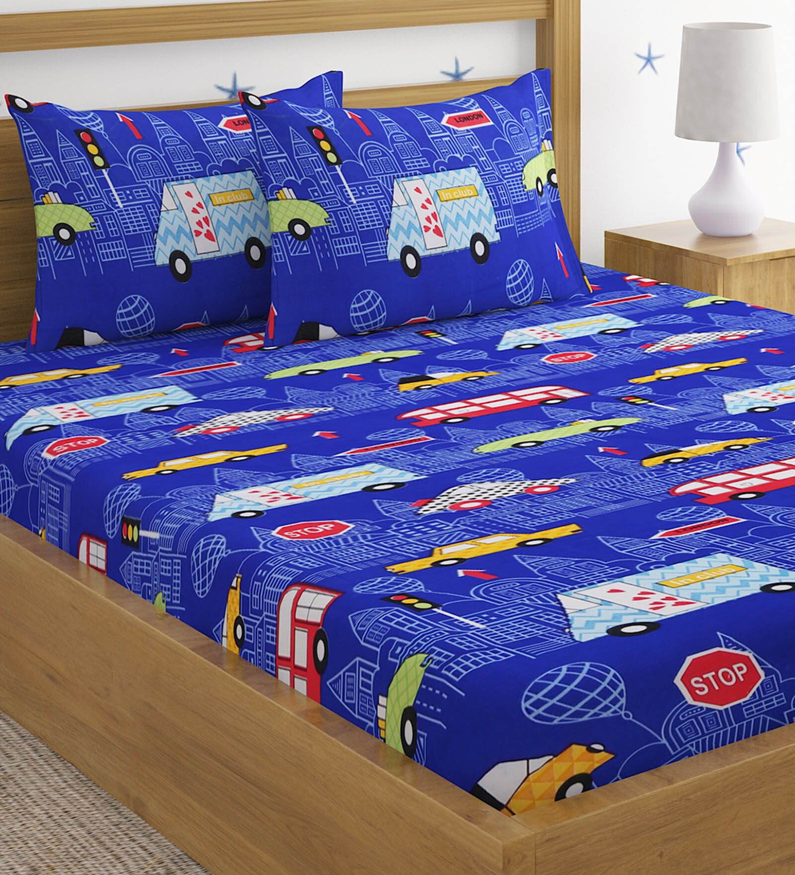 220 Gsm Glaced Cotton Cartoon Printed Double Bed Sheet With 2 Pillow Covers