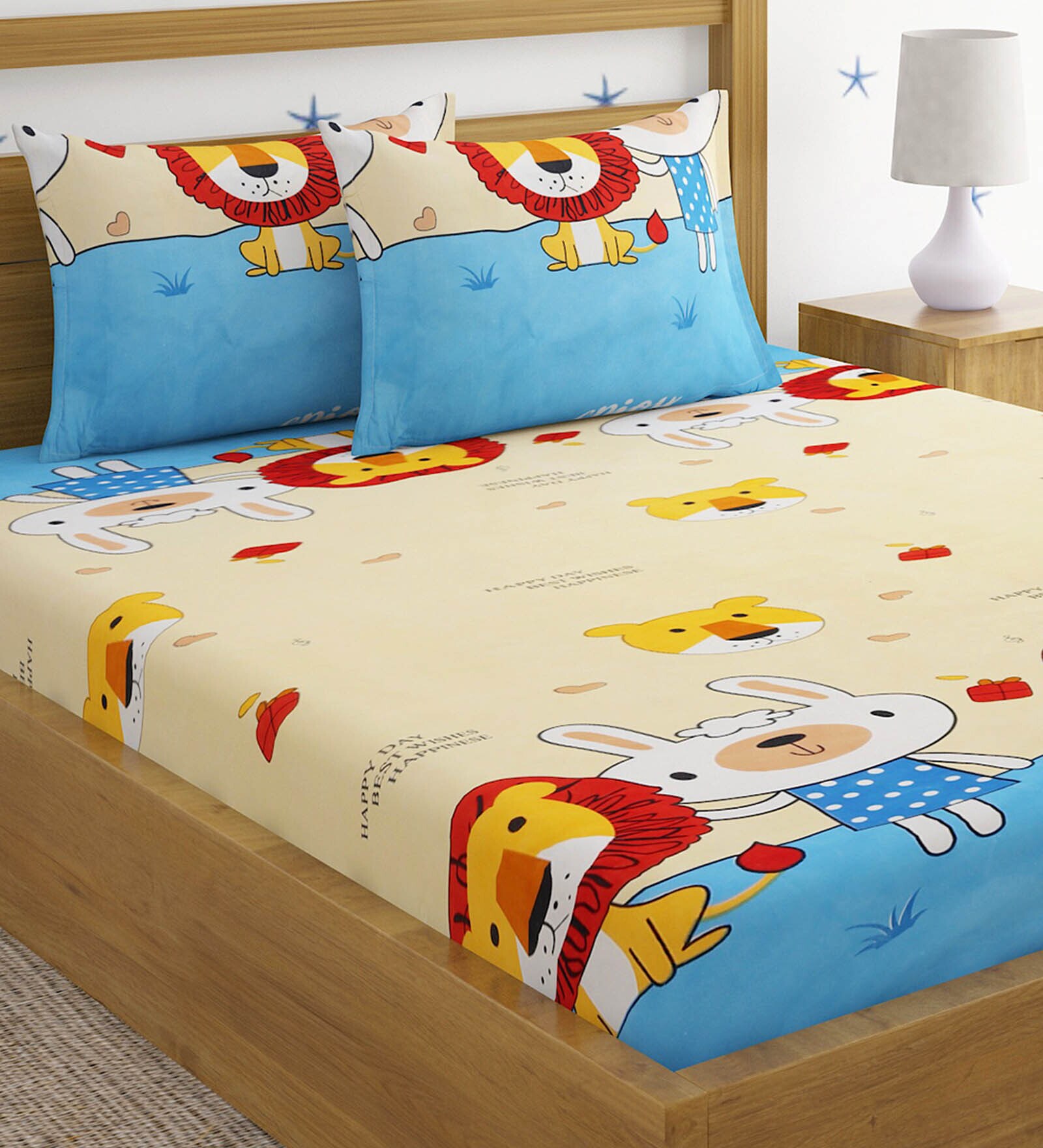 Multicolor Cartoon Printed 220 TC Poly Cotton Double Size Bedsheet With 2 Pillow Covers