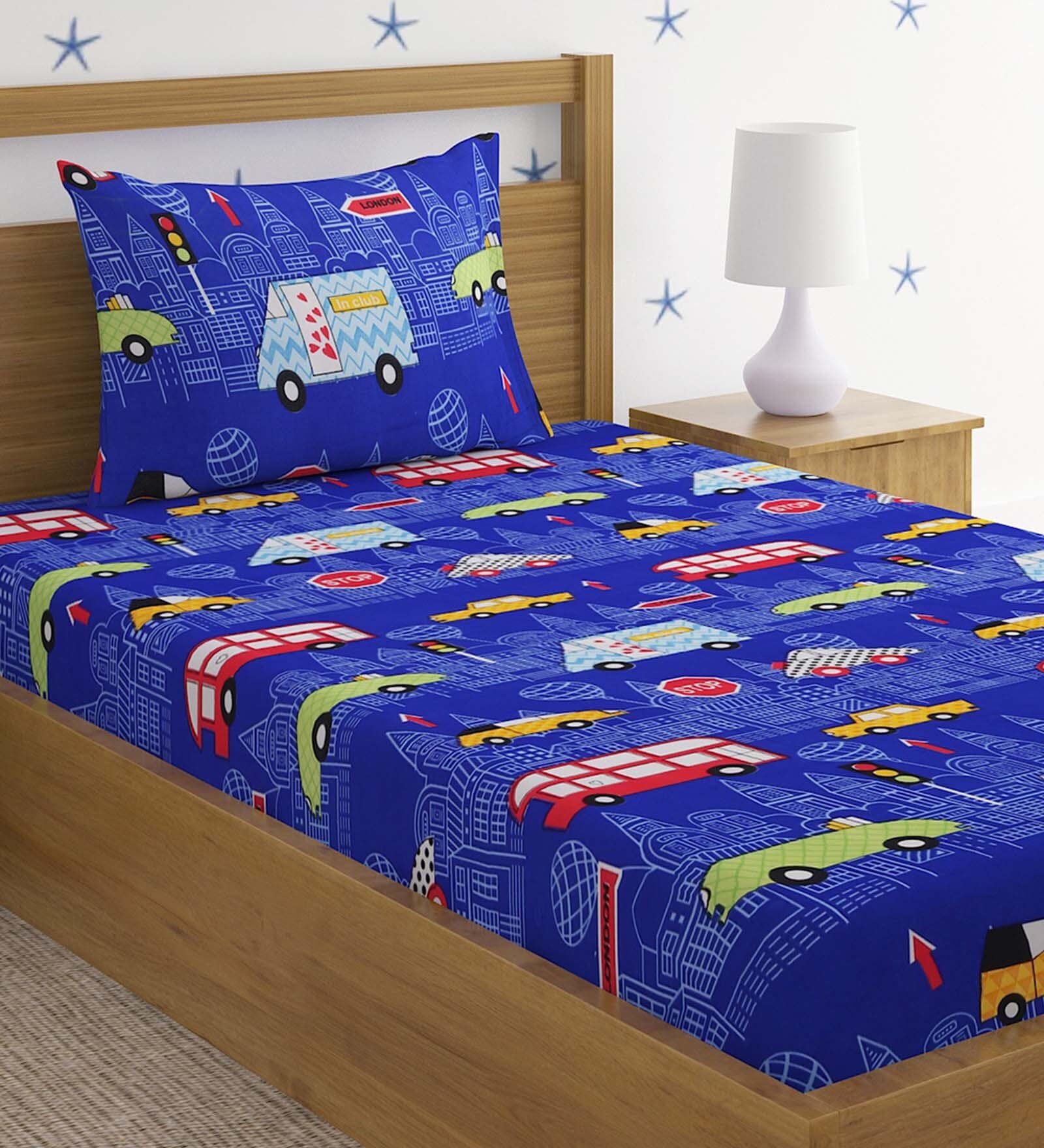 Blue Characters 220 TC Poly Cotton Single Size Bedsheet With 1 Pillow Covers