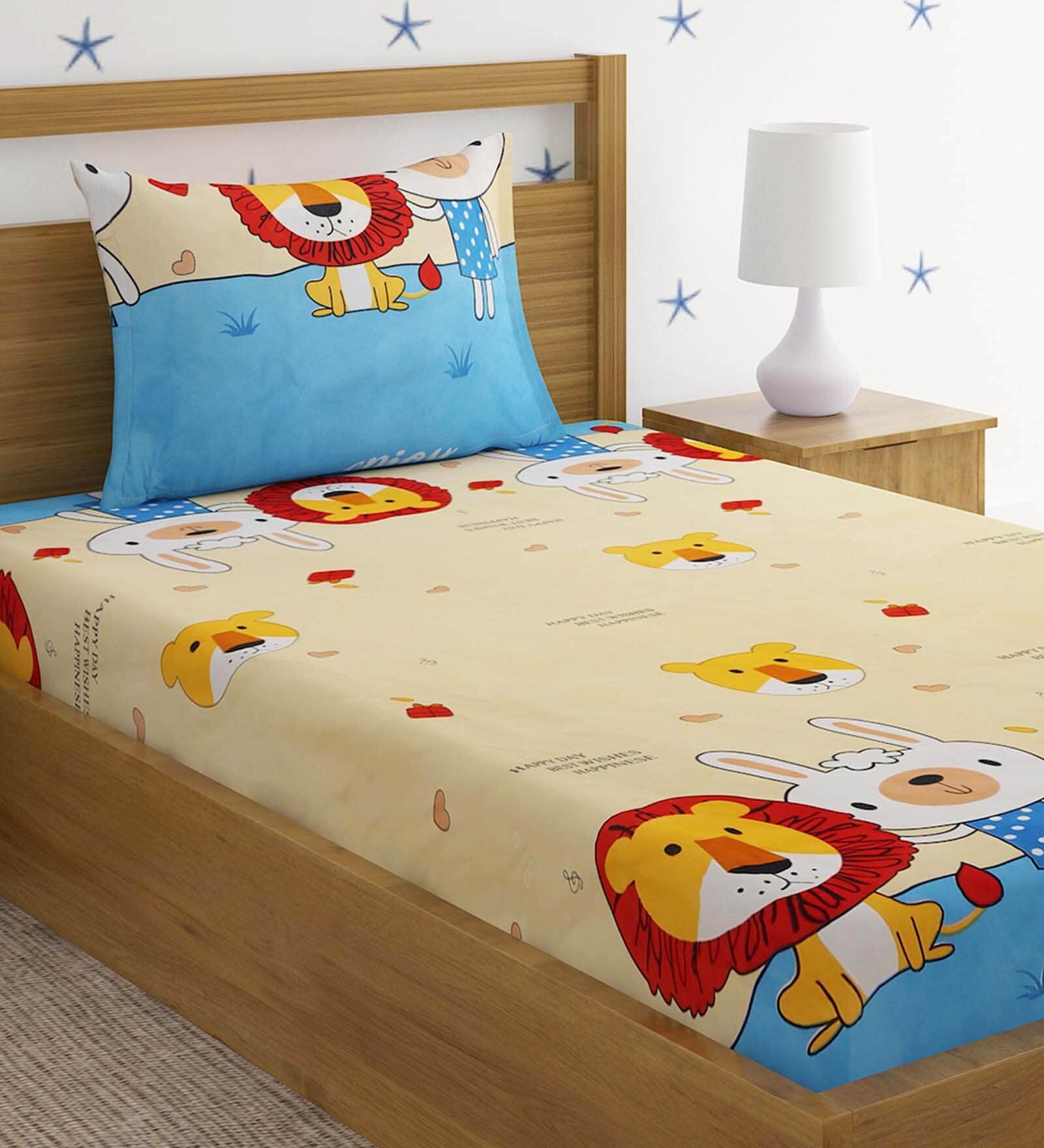 Multicolor Cartoon 220 TC Poly Cotton Single Size Bedsheet With 1 Pillow Covers