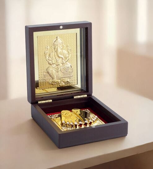 24 Ct Gold Foil Ganesha Brown & Gold Acrylic Prayer Box