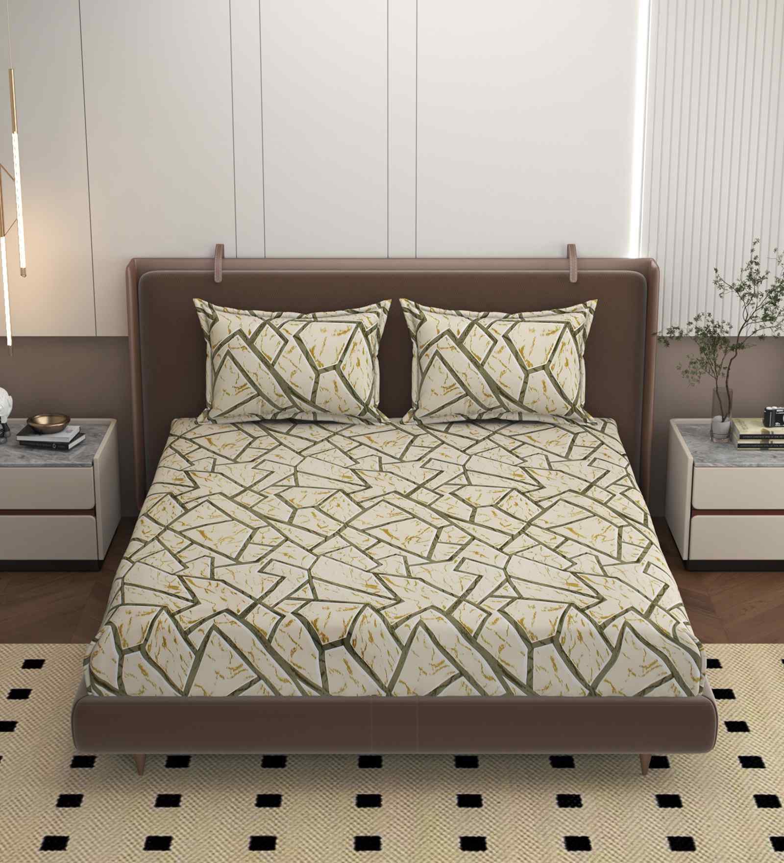 Beige 250 Tc Cotton Bedsheet With 2 Pillow Covers