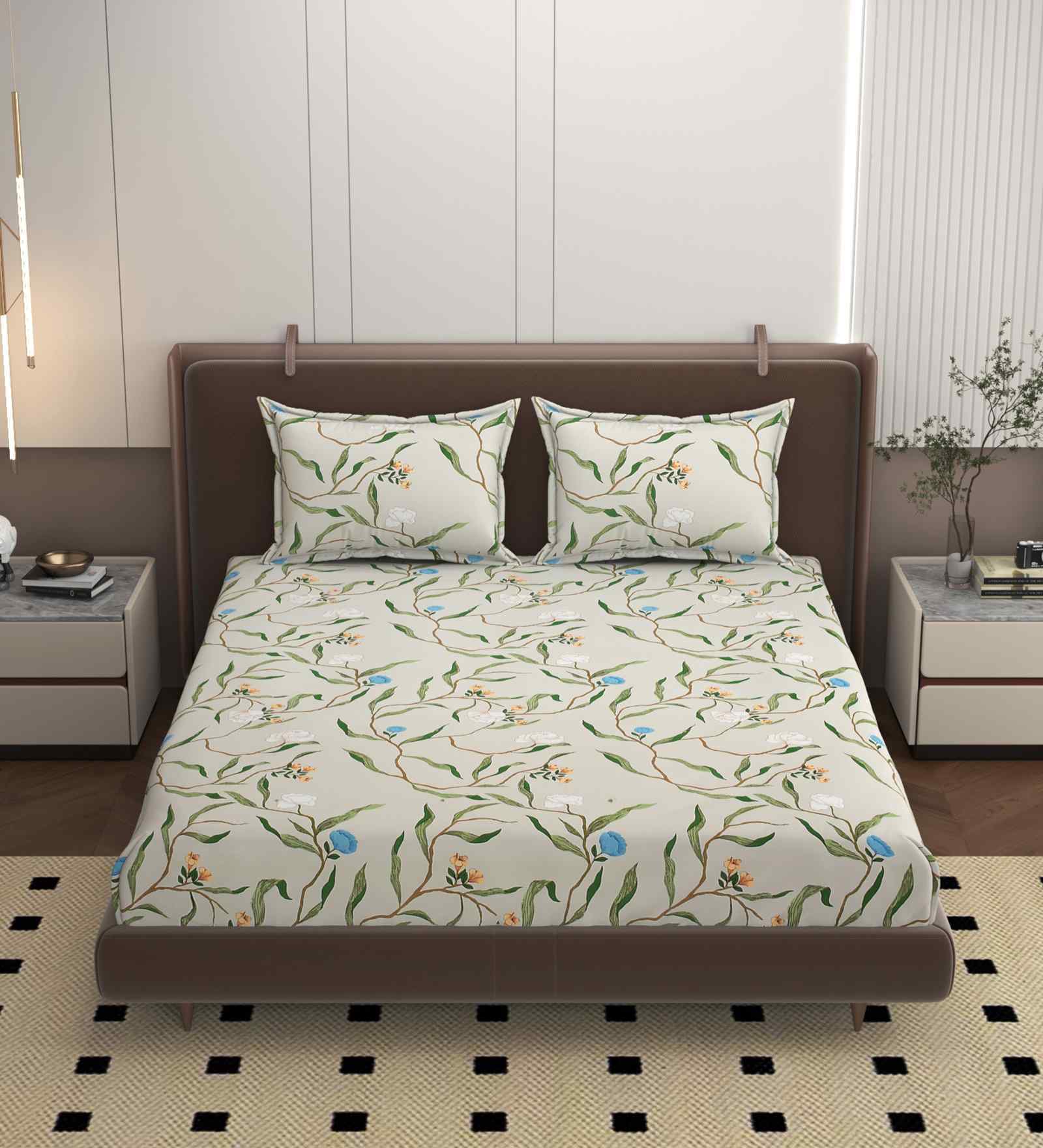 Beige 250 Tc Cotton Bedsheet With 2 Pillow Covers