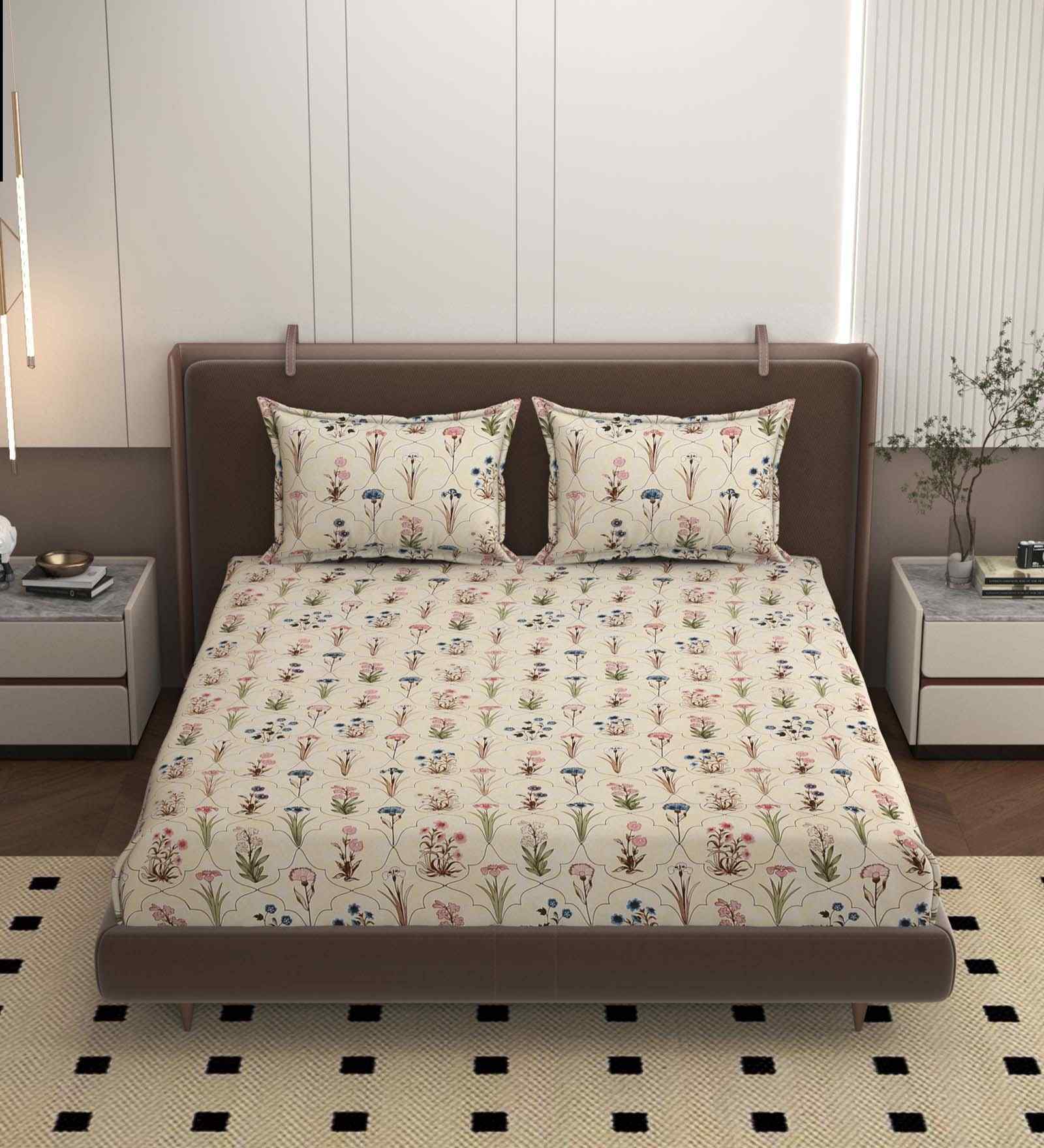 Cream 250 Tc Cotton Bedsheet With 2 Pillow Covers