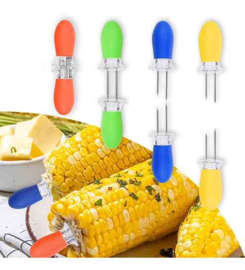 Assorted Barbecue Corn Needle Grilling Stainless Steel Holders Reusable (2Pcs)