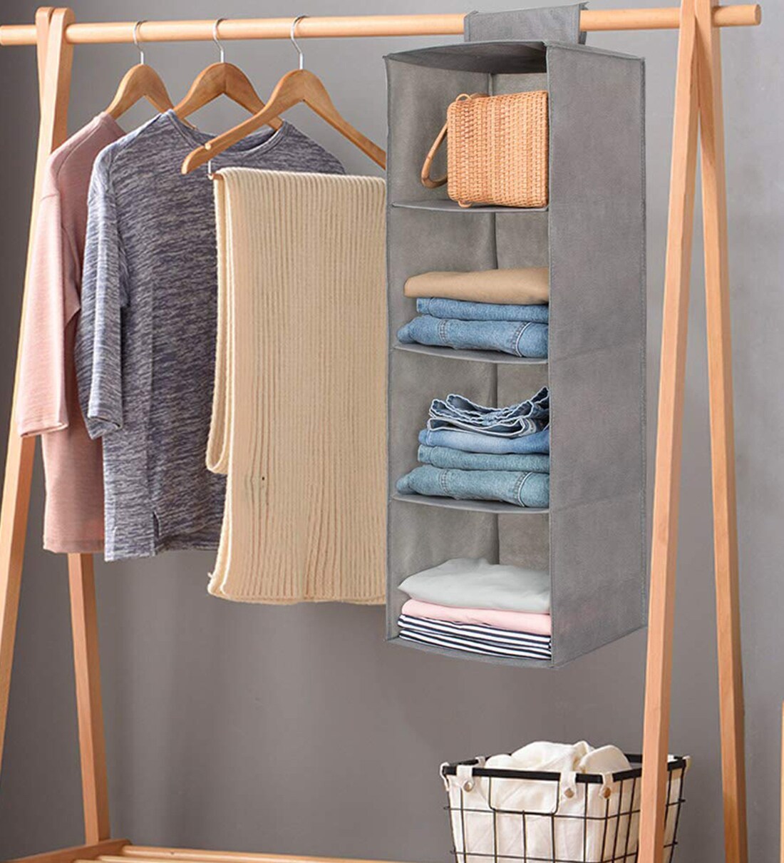 Grey Solid Plastic Foldable Hanging Cloth Organiser With 4 Shelves