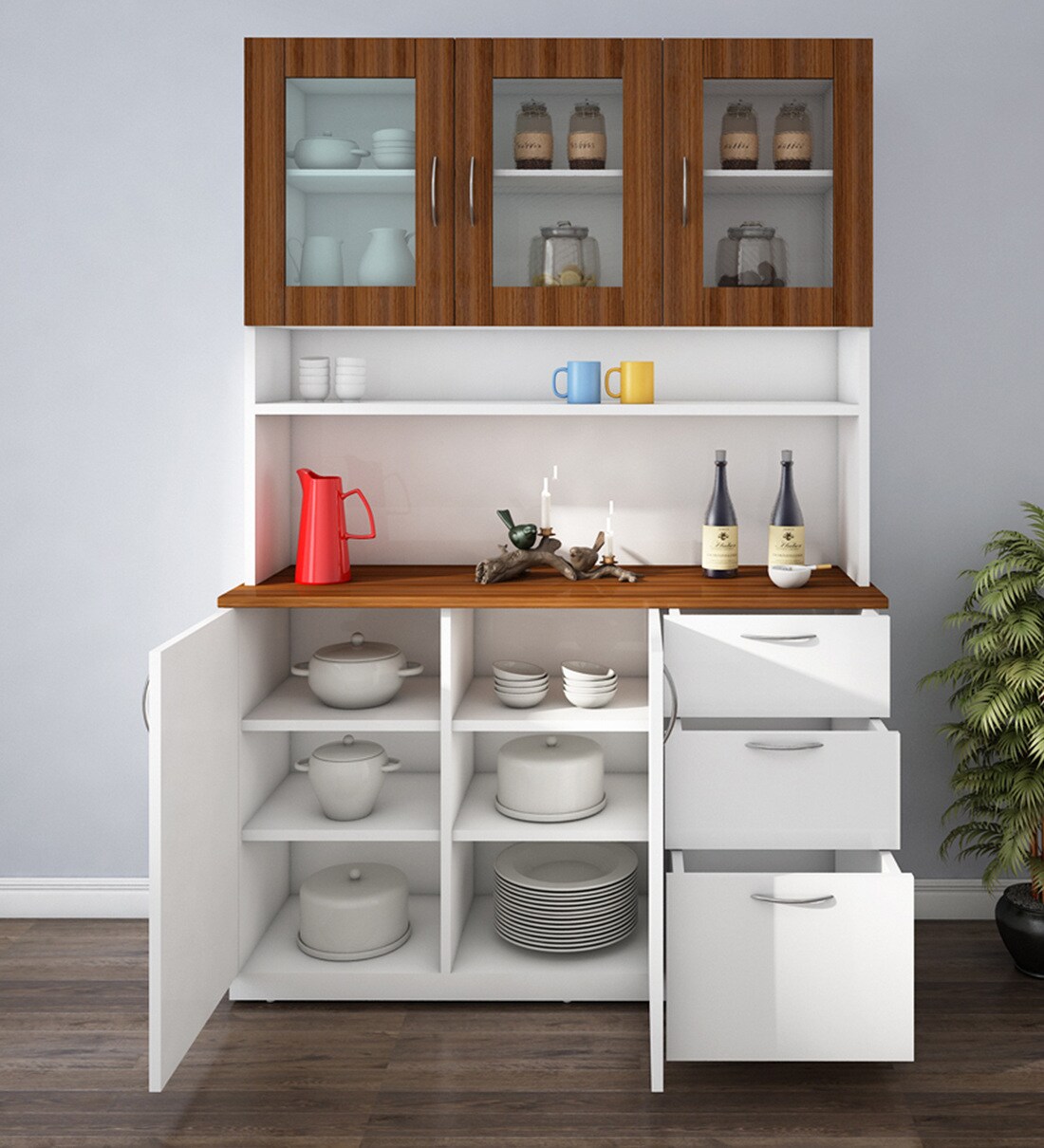 Buy Modish Crockery Unit in Walnut & Frosty White Finish Online Crockery Units Crockery