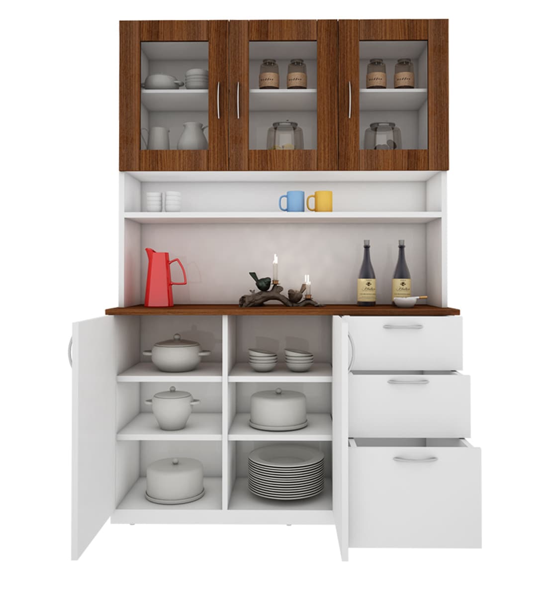 Buy Modish Crockery Unit in Walnut & Frosty White Finish Online