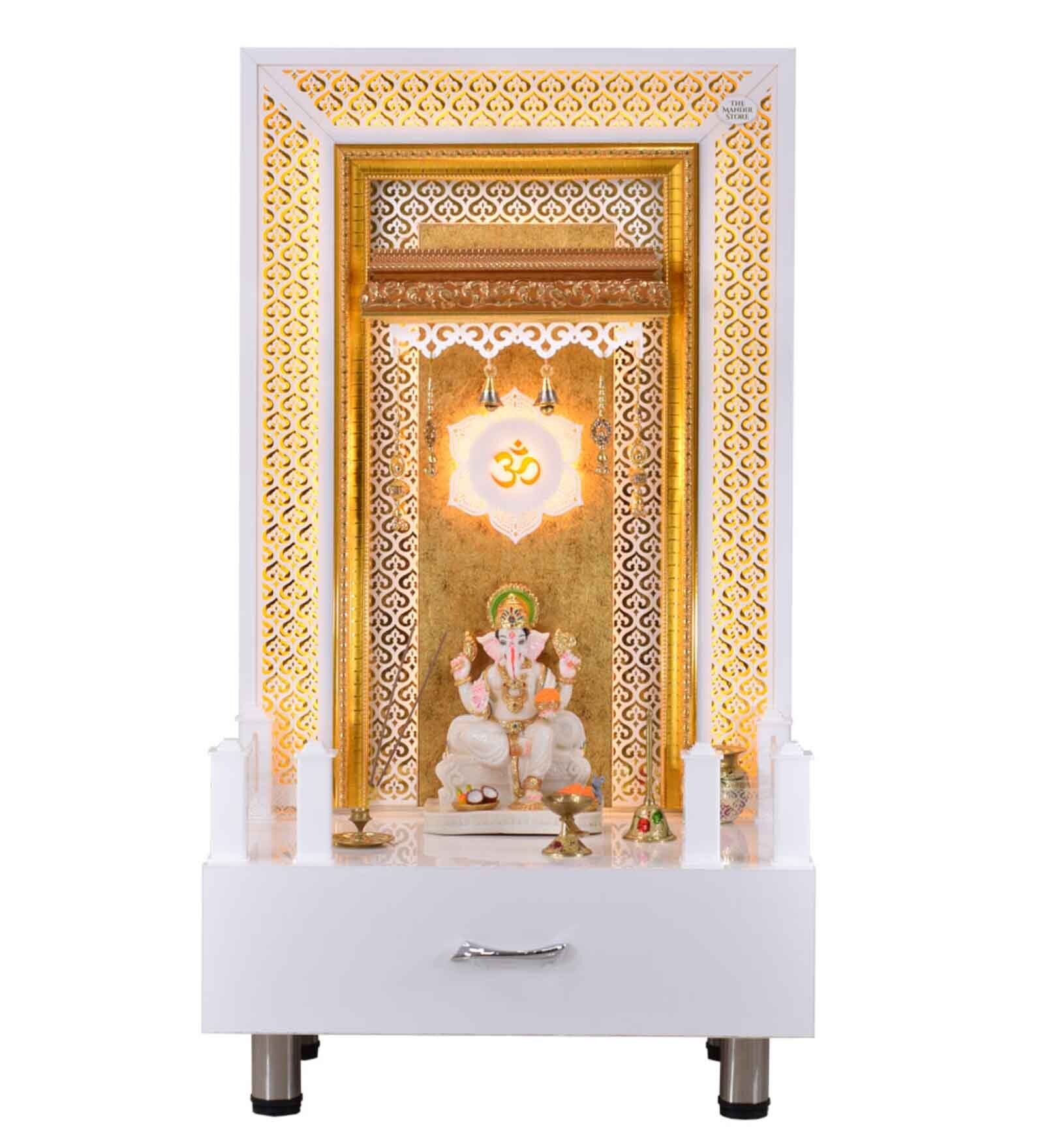 The Mandir Store Feet Swarnim White Wooden LED Mandir With Storage