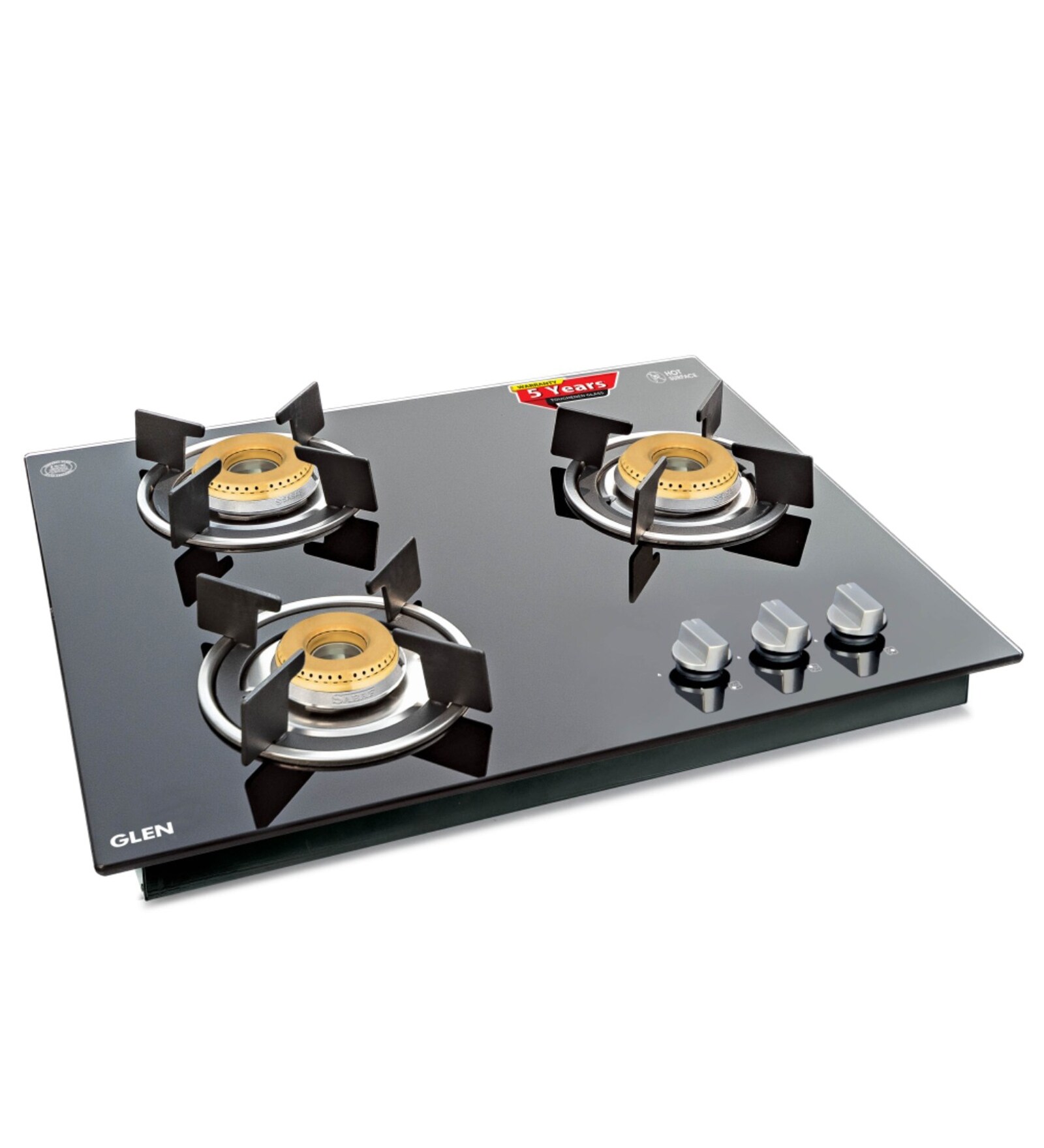 3 Burner Built in Glass Hob Top with forged brass burners Auto Ignition