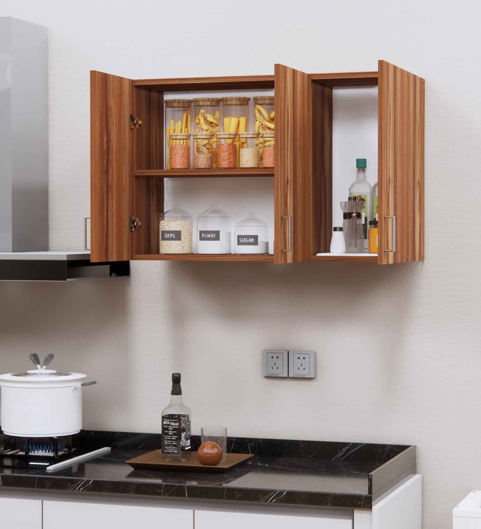 3 Doors Modular Wall Mounted Kitchen Cabinet with Adjustable Shelf in Aisan Walnut Finish