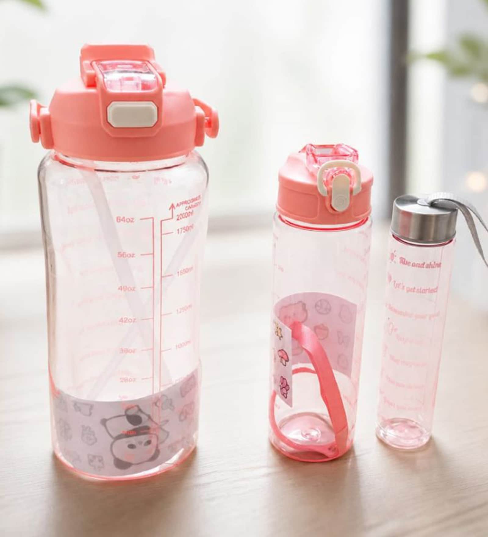 3-in-1 Pink Bottle Set with Straw & Lid