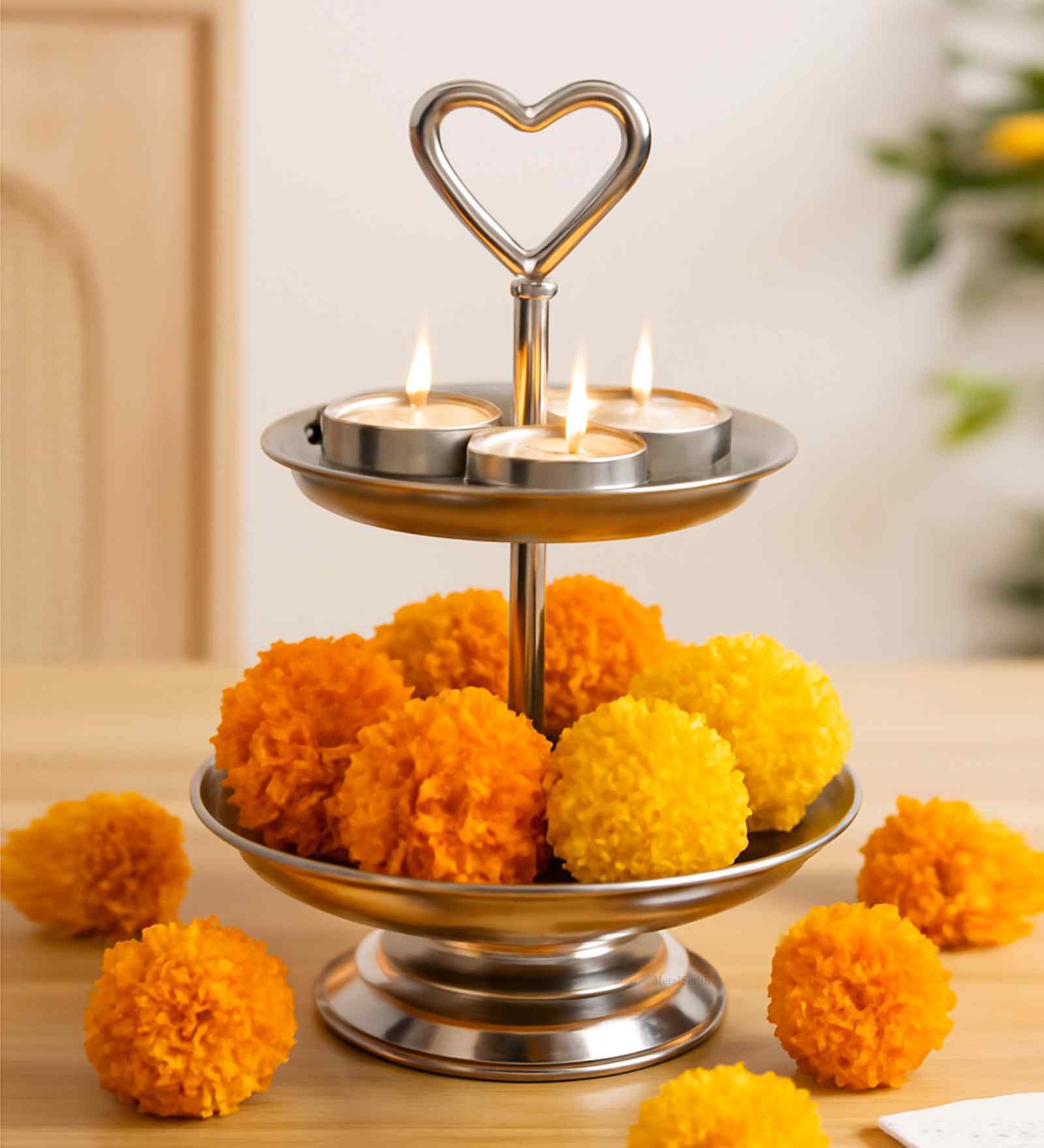 Silver Finish 3-Layer Tiered  Metal Diya Stand