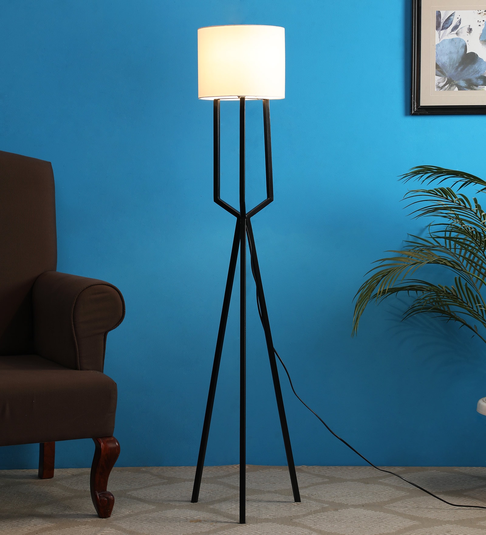 3 Legged Matte White Fabric Shade Floor Lamp with Black Base