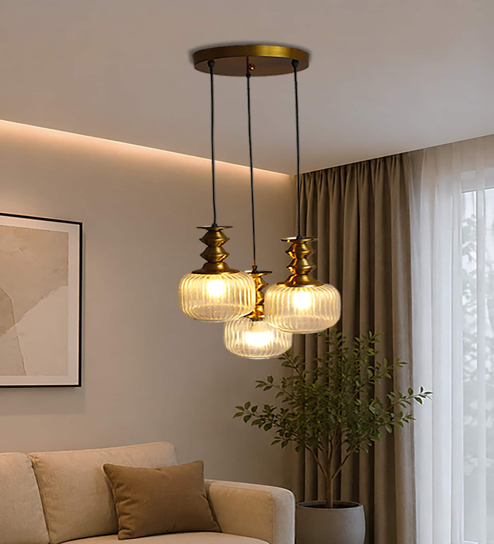 3-Light Ribbed Clear Glass Cluster Hanging Light