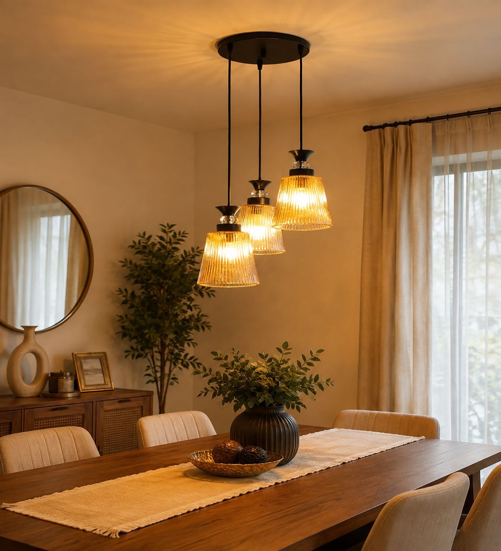 3-Light Ribbed Glass Cluster Hanging Light