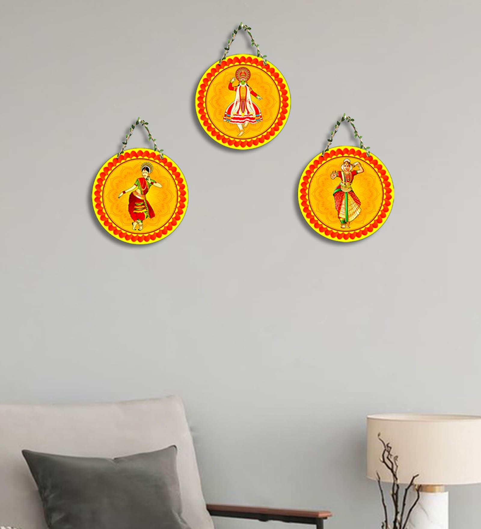 3 Pcs Kathakali Wooden Circle Set Hanging