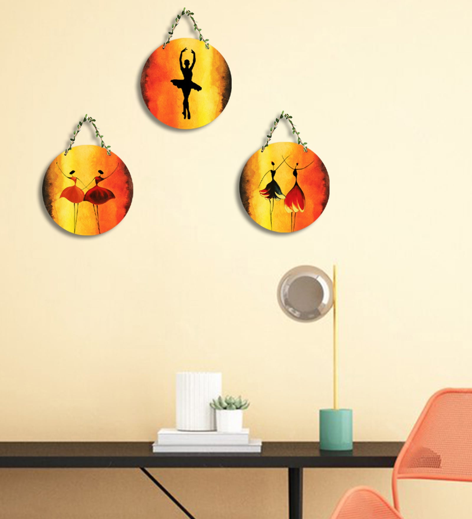 3 Pcs Dancing Girls Wooden Circle Set Hanging