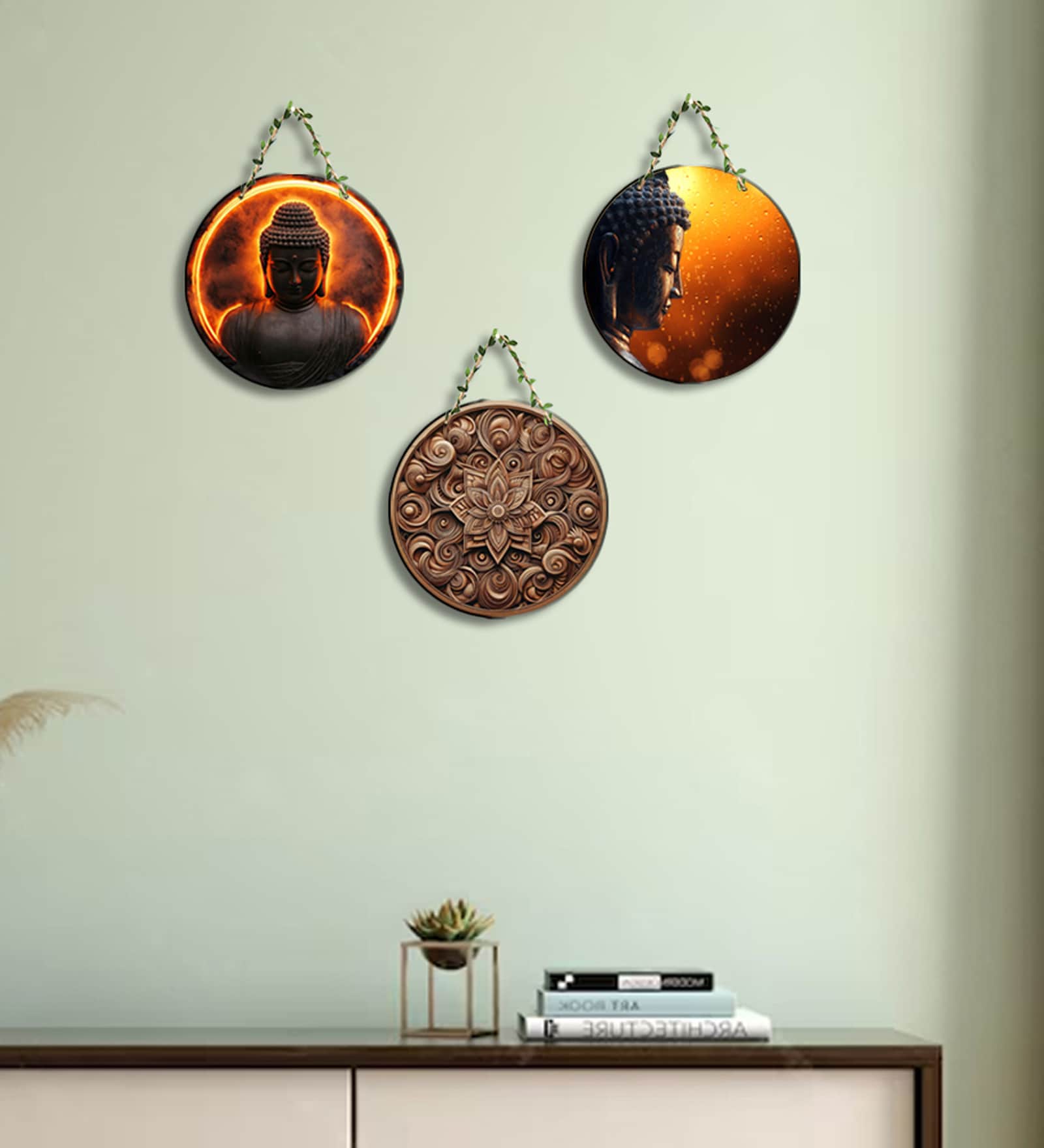 3 Pcs Buddha Wooden Circle Set Hanging
