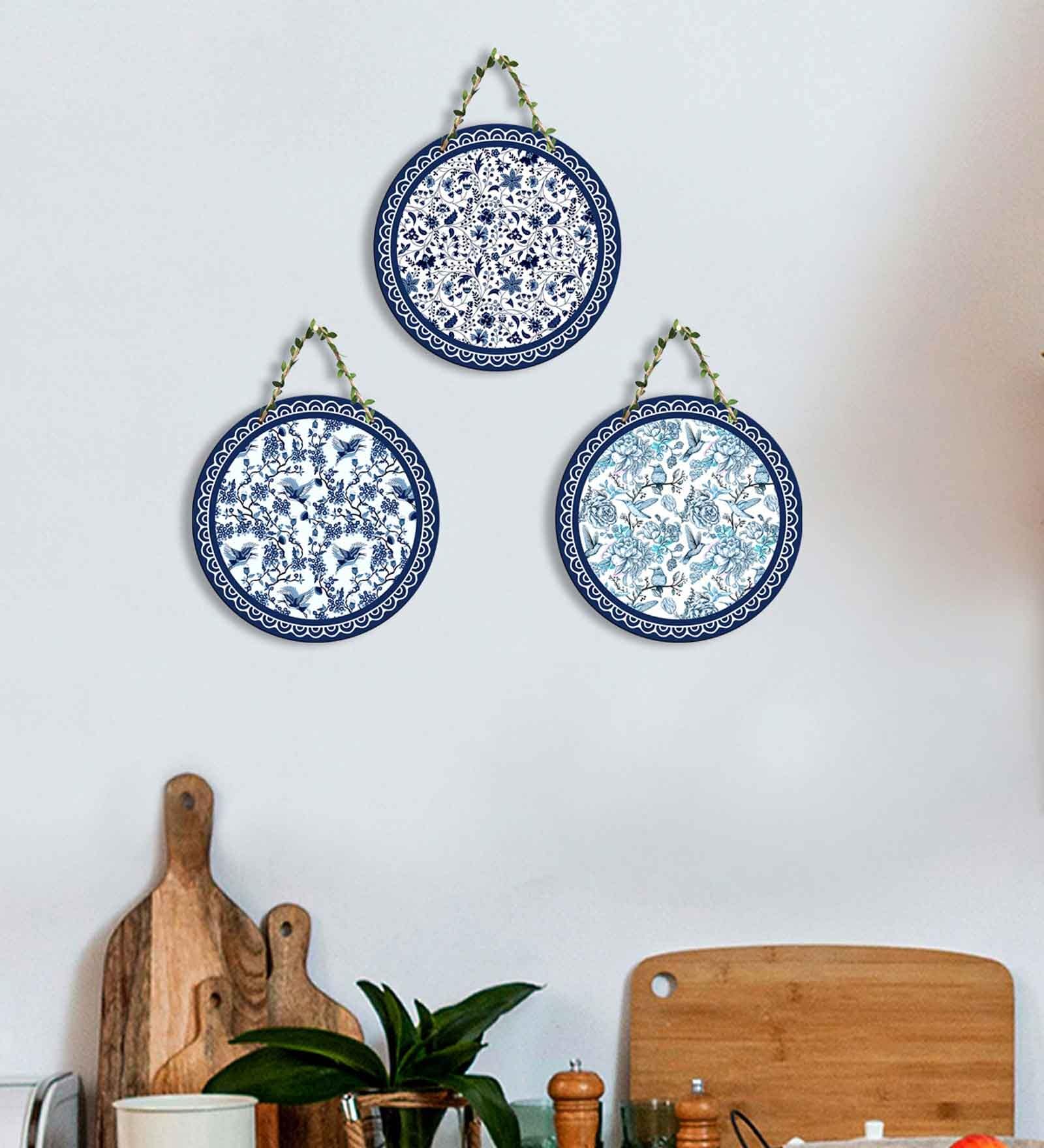 3 Pcs Blue Wooden Circle Set Hanging