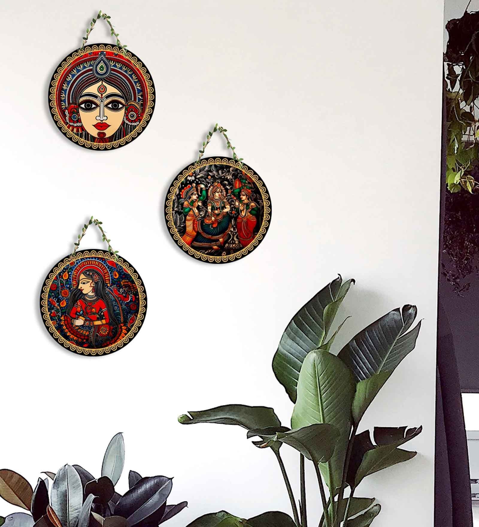 3 Pcs Maa Durga Wooden Circle Set Hanging