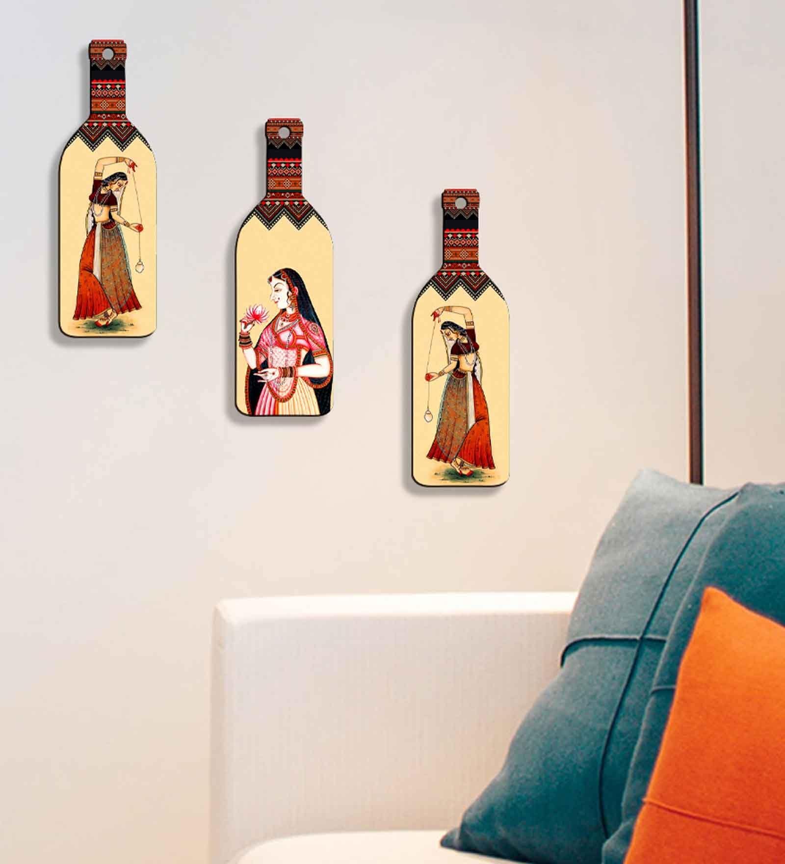 3 Pcs Madhubani Wooden New Bottles Hanging