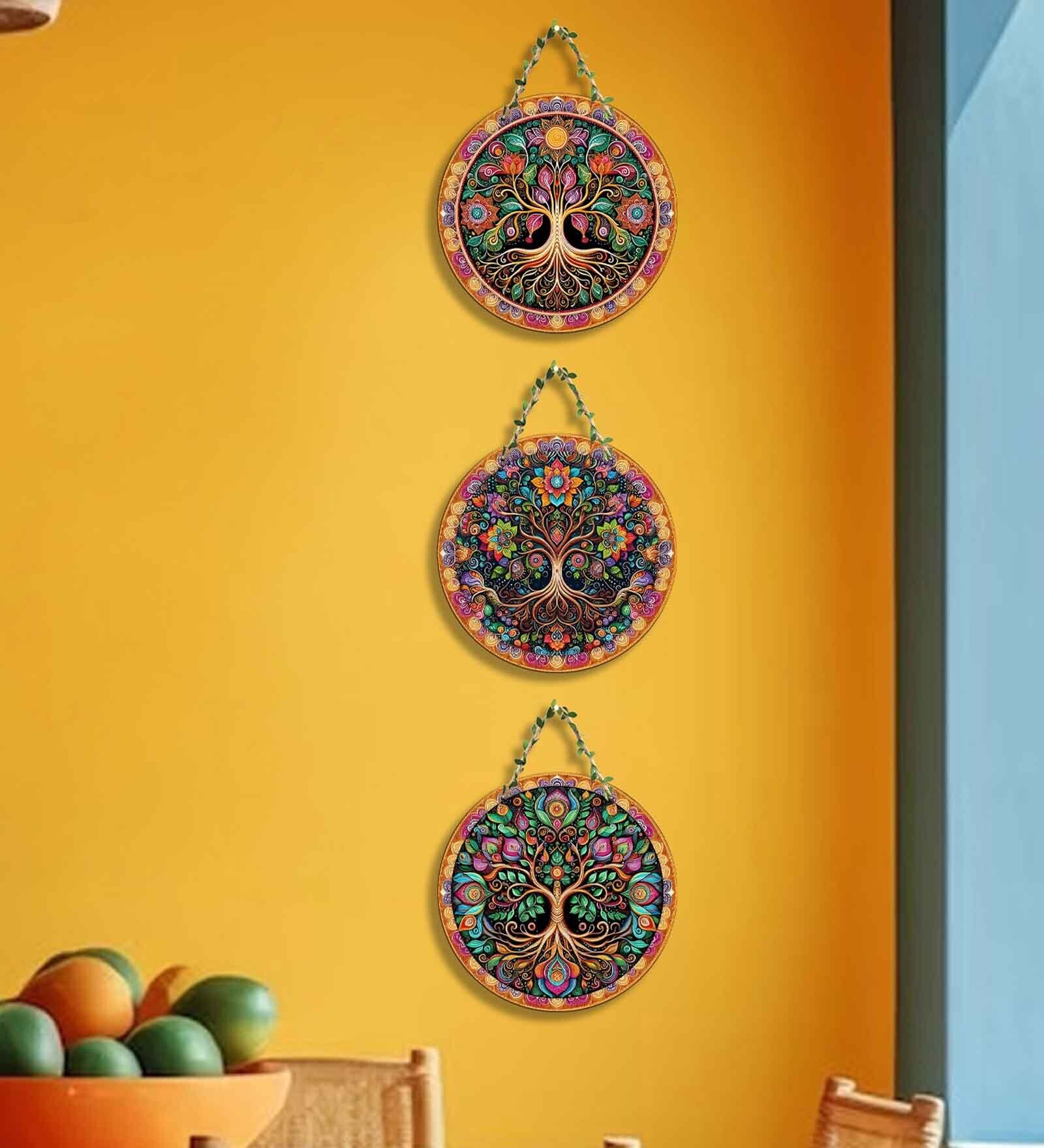 3 Pcs Peacock Wooden Circle Set Hanging