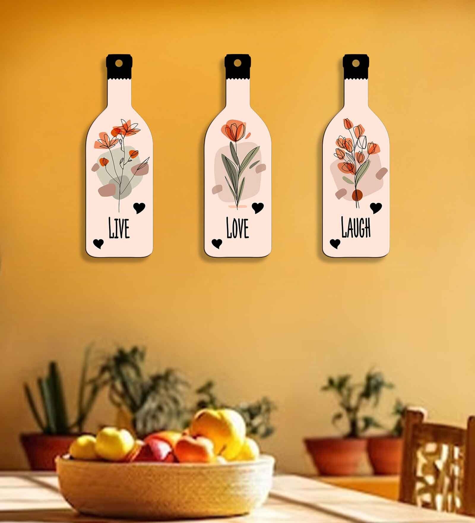 3 Pcs Love Live Laugh Flowers Wooden Bottles Hanging