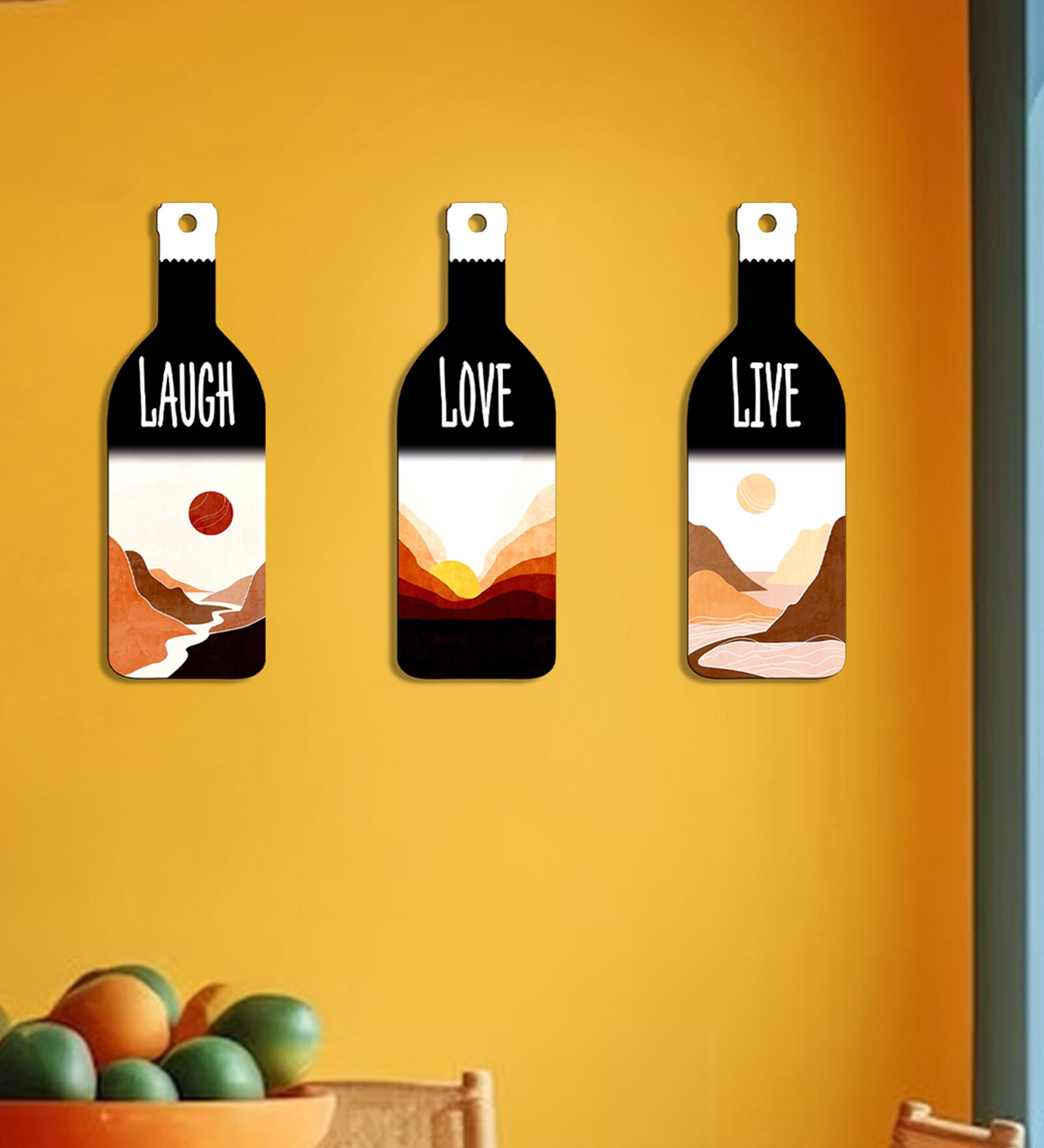 3 Pcs Laugh Love Live Turquoise Wooden Bottles Hanging