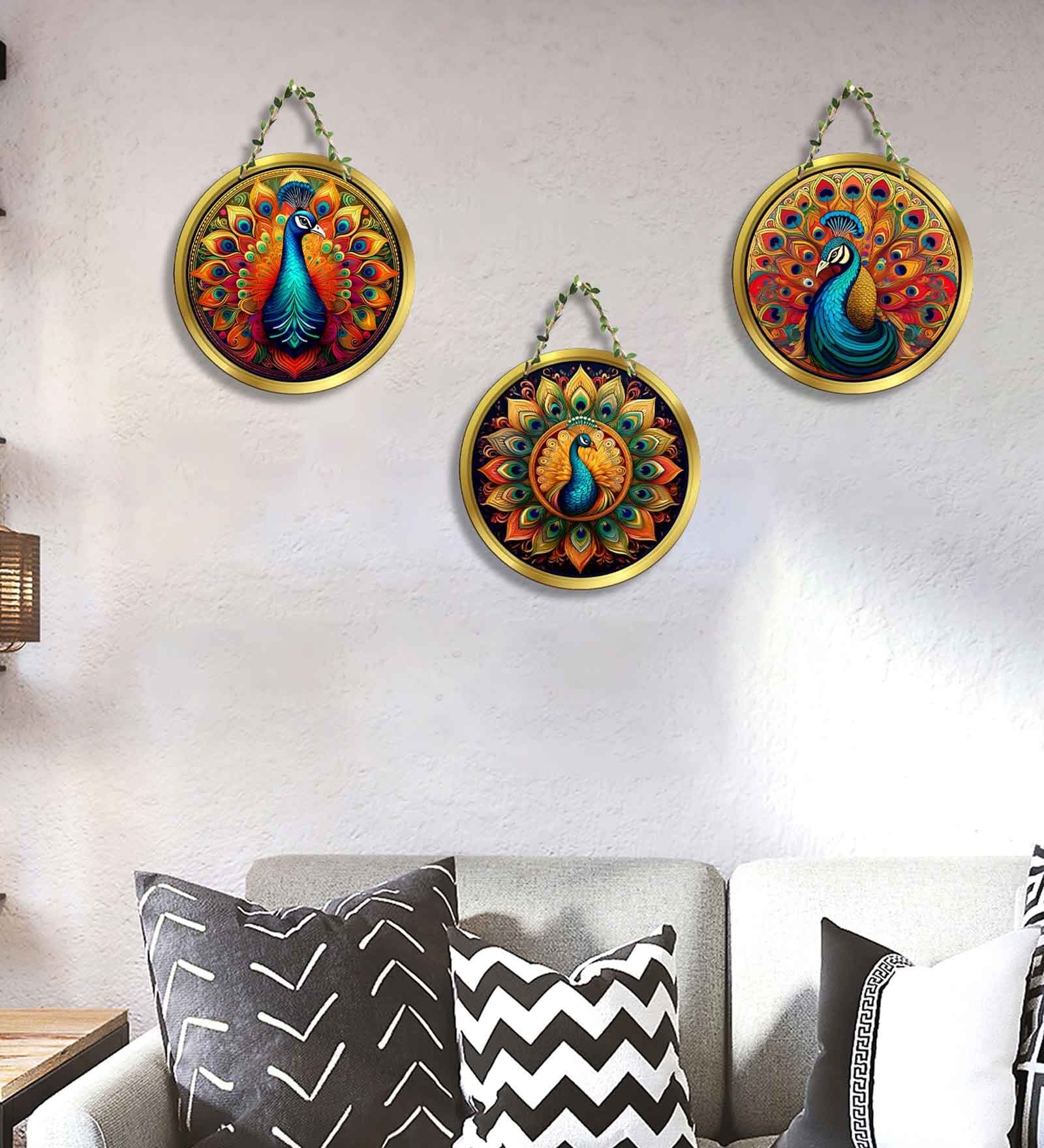 3 Pcs Peacock Wooden Circle Set Hanging