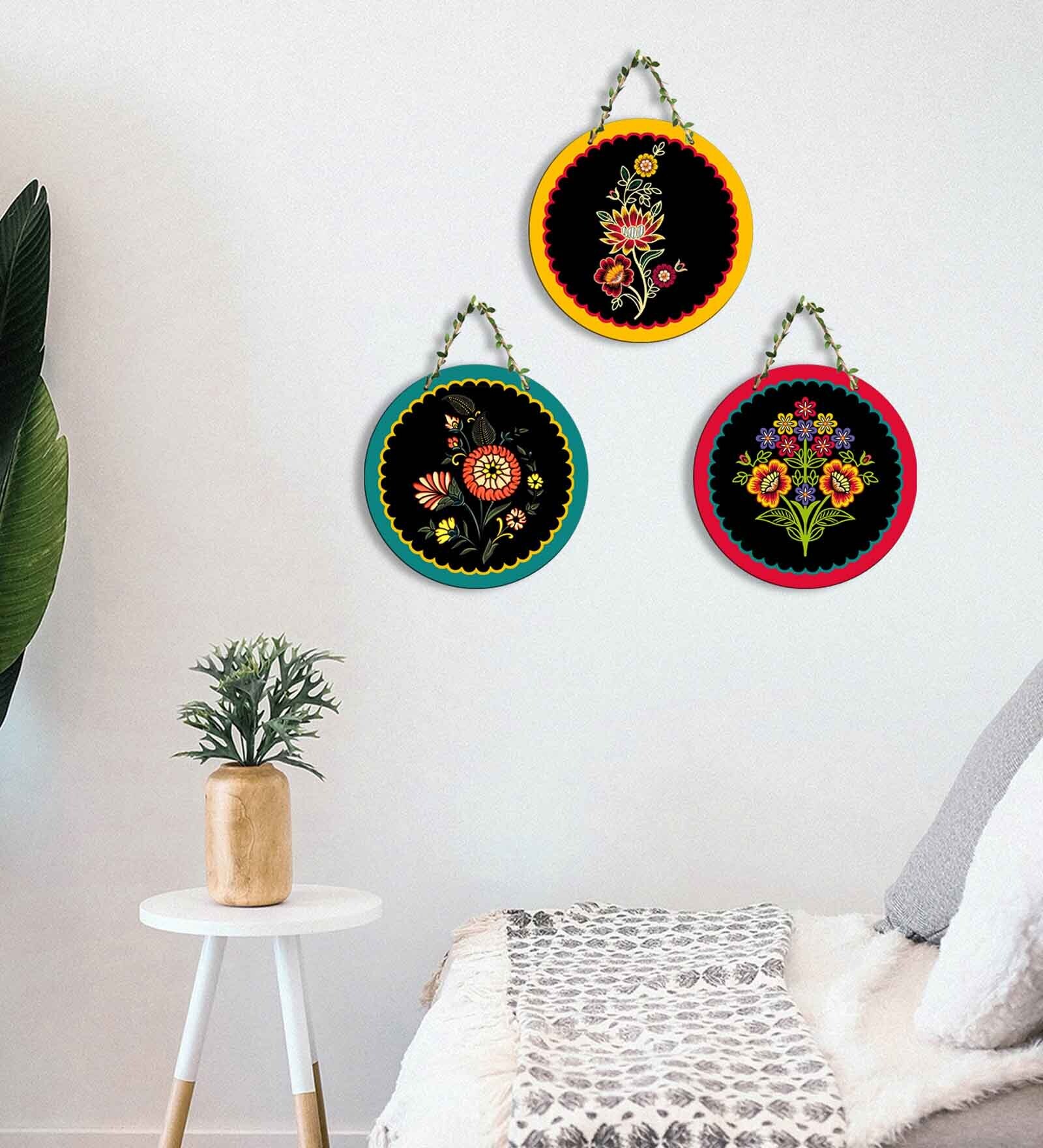 3 Pcs Folwers Wooden Circle Set Hanging
