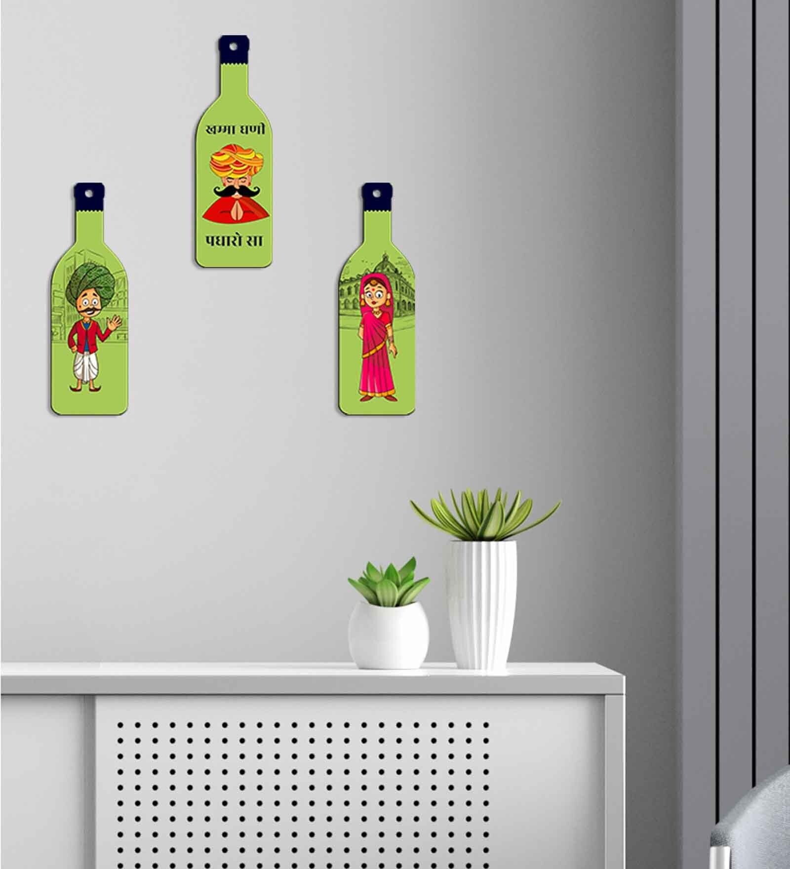 3 Pcs Rajasthani Wooden New Bottles Hanging